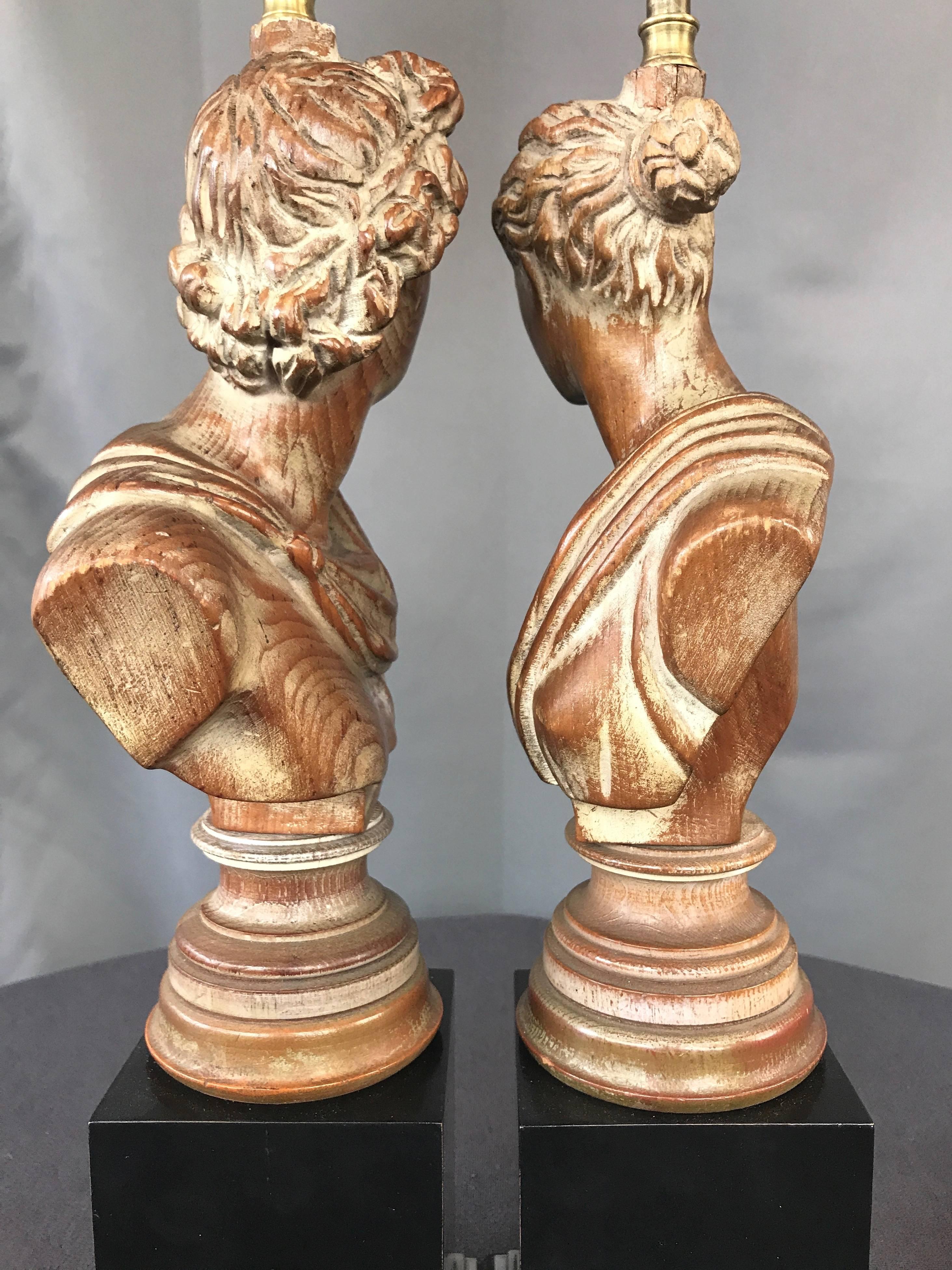 Pair of 1950s Neoclassical Roman Bust Hand-Carved Wood Table Lamps 2