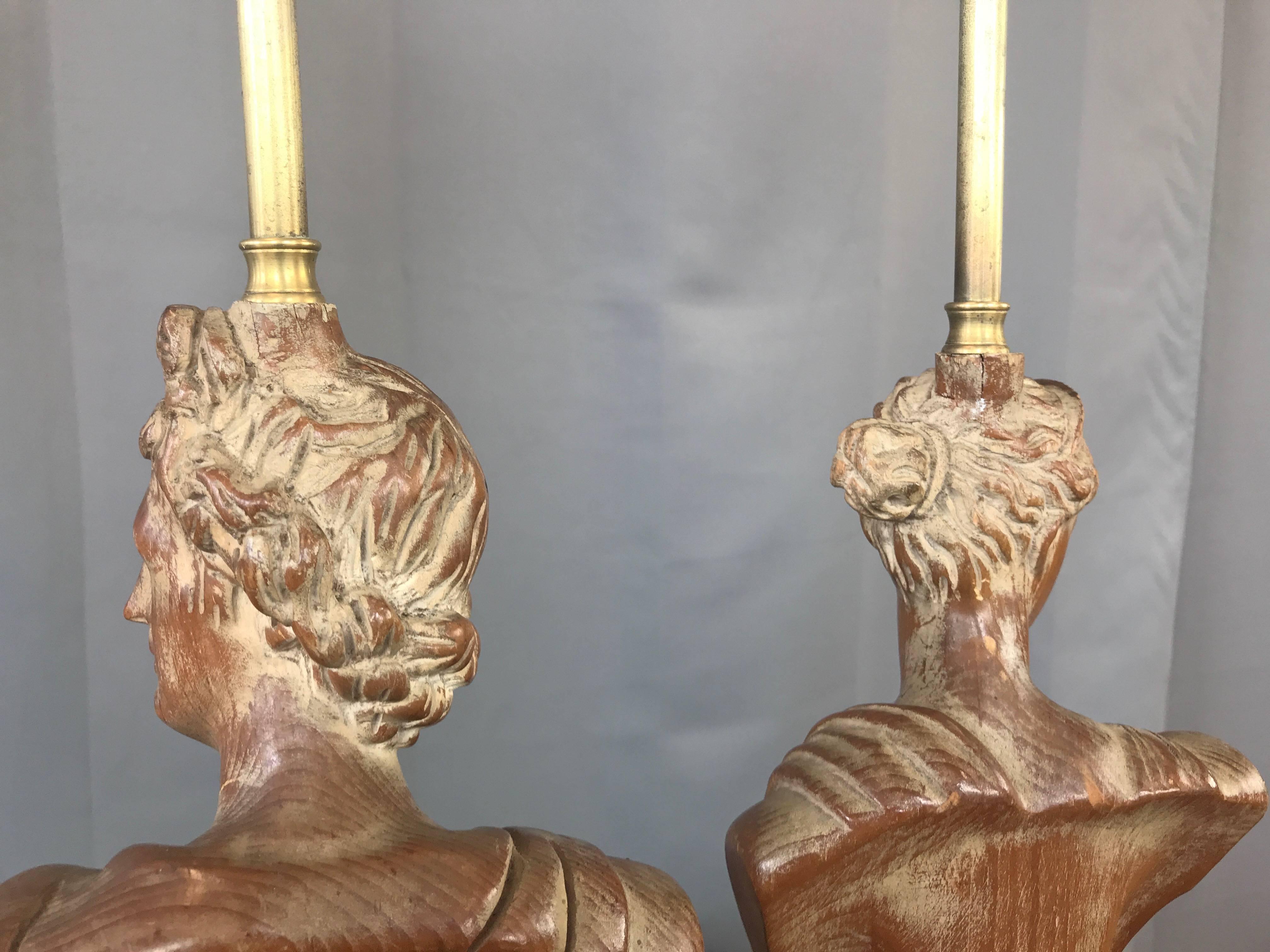 Pair of 1950s Neoclassical Roman Bust Hand-Carved Wood Table Lamps 4