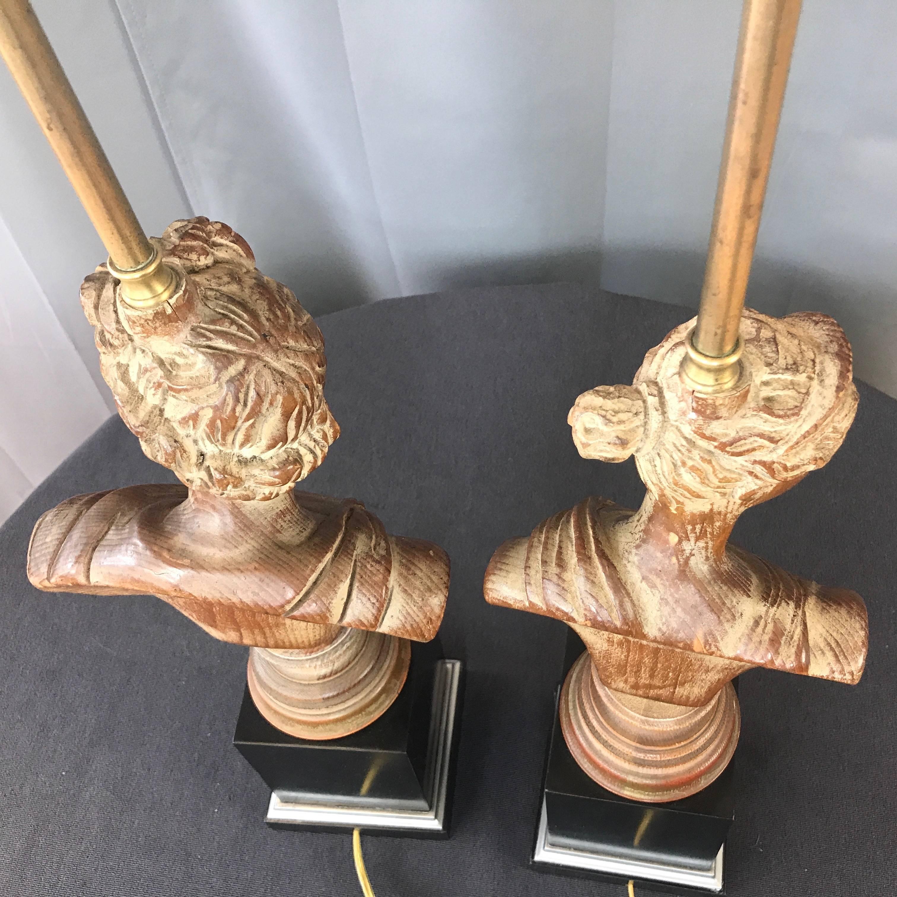 Pair of 1950s Neoclassical Roman Bust Hand-Carved Wood Table Lamps 5