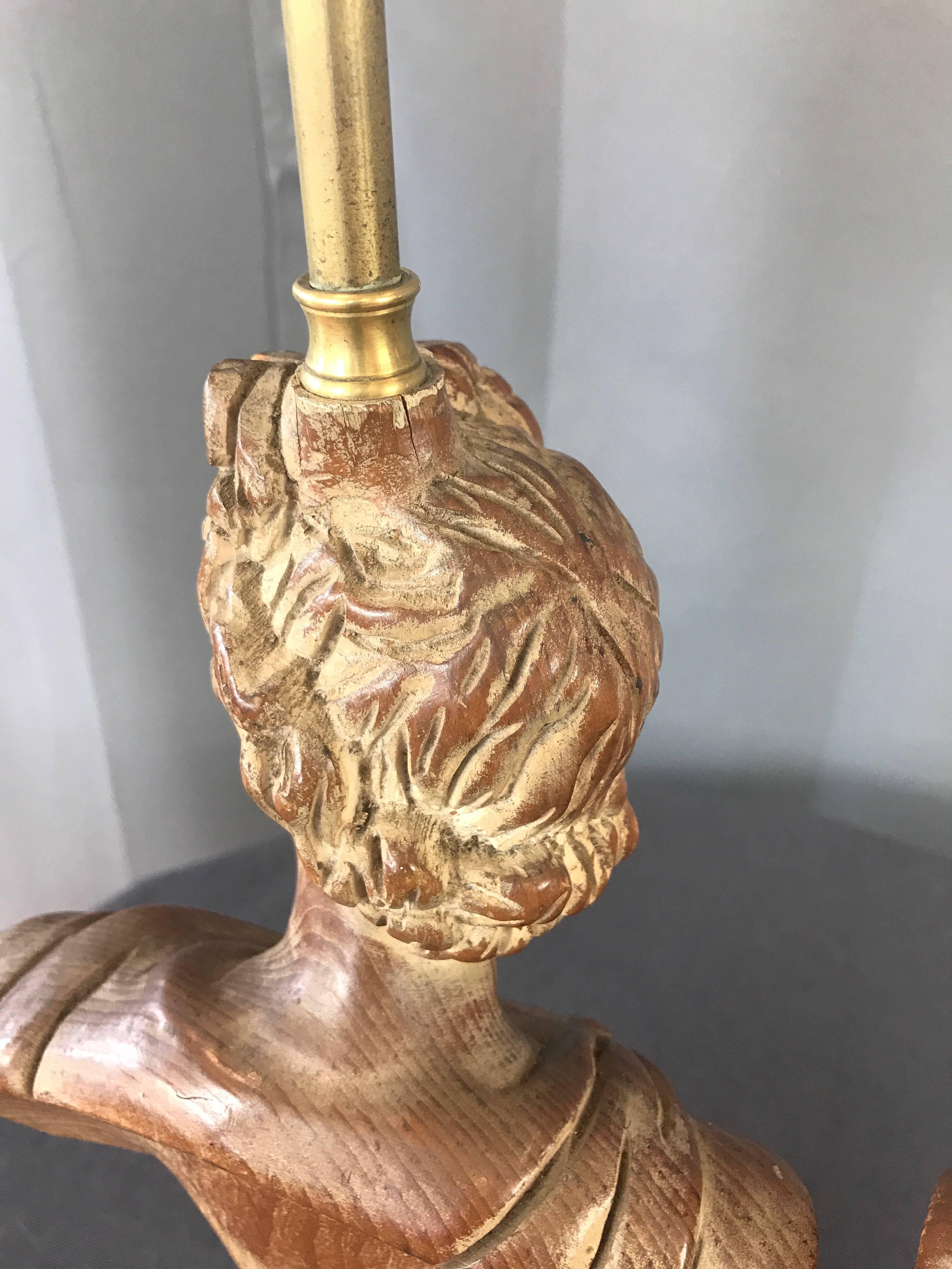 Pair of 1950s Neoclassical Roman Bust Hand-Carved Wood Table Lamps 6