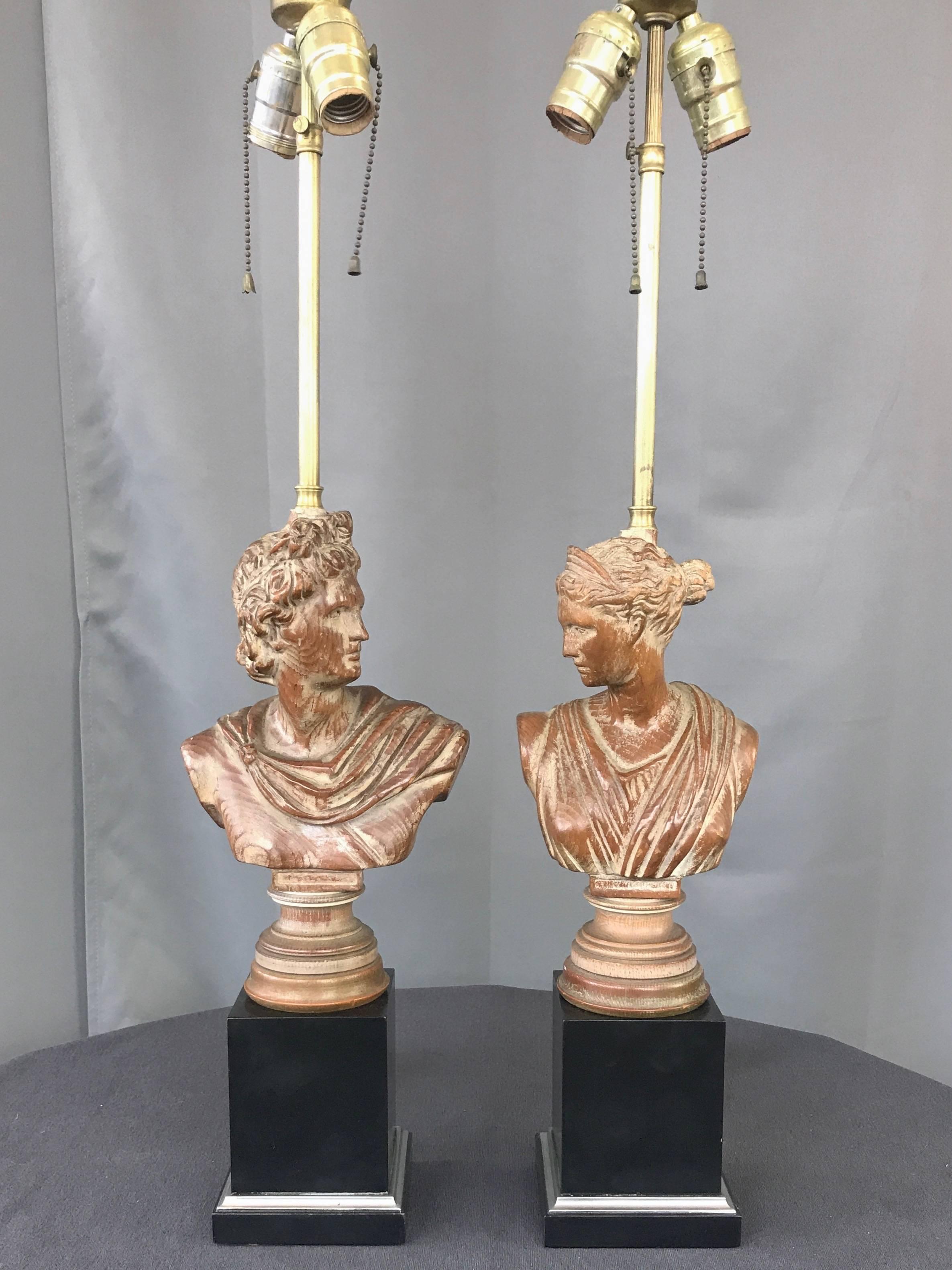 Pair of 1950s Neoclassical Roman Bust Hand-Carved Wood Table Lamps 7