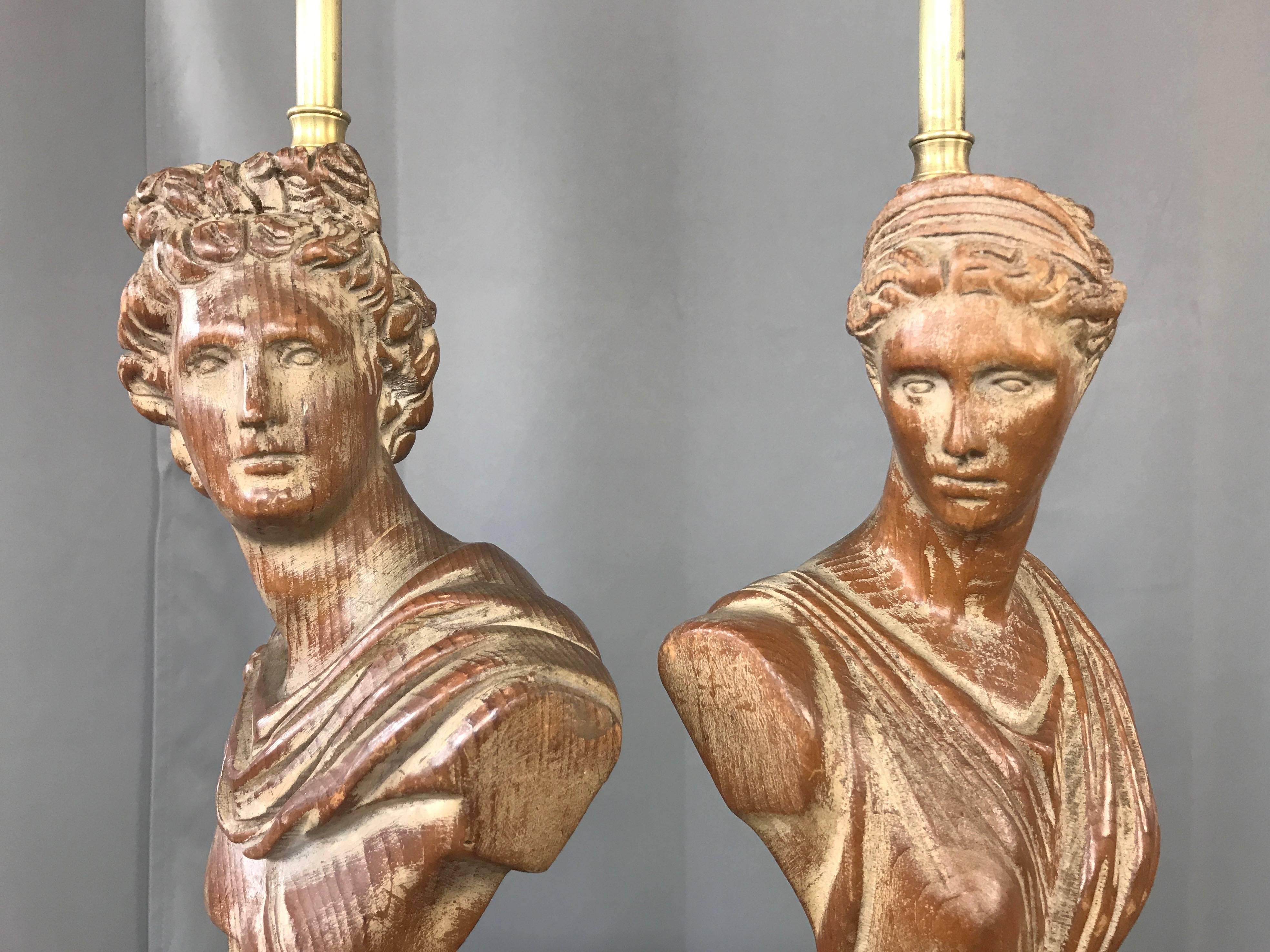 Pair of 1950s Neoclassical Roman Bust Hand-Carved Wood Table Lamps In Good Condition In San Francisco, CA