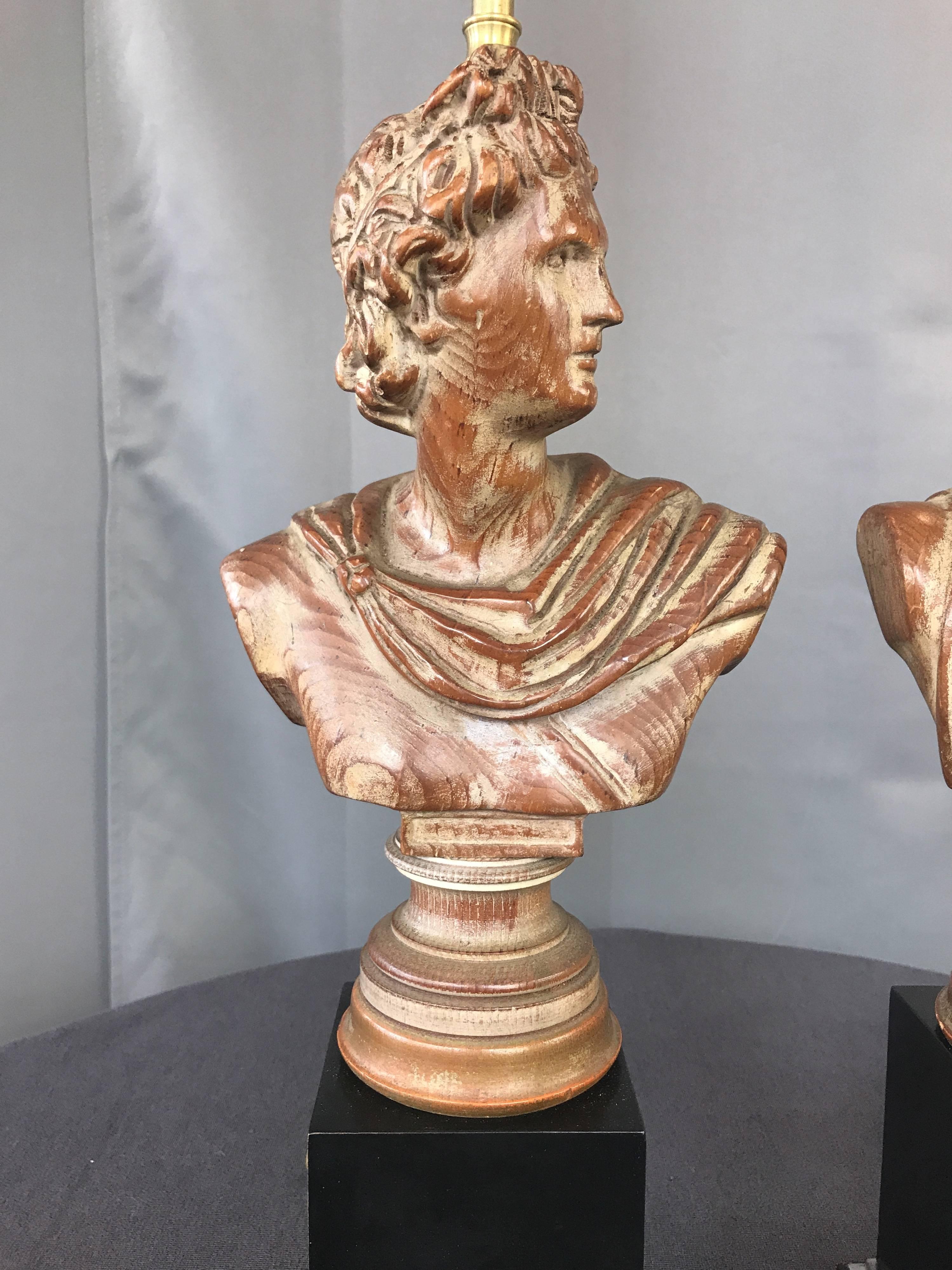Mid-20th Century Pair of 1950s Neoclassical Roman Bust Hand-Carved Wood Table Lamps
