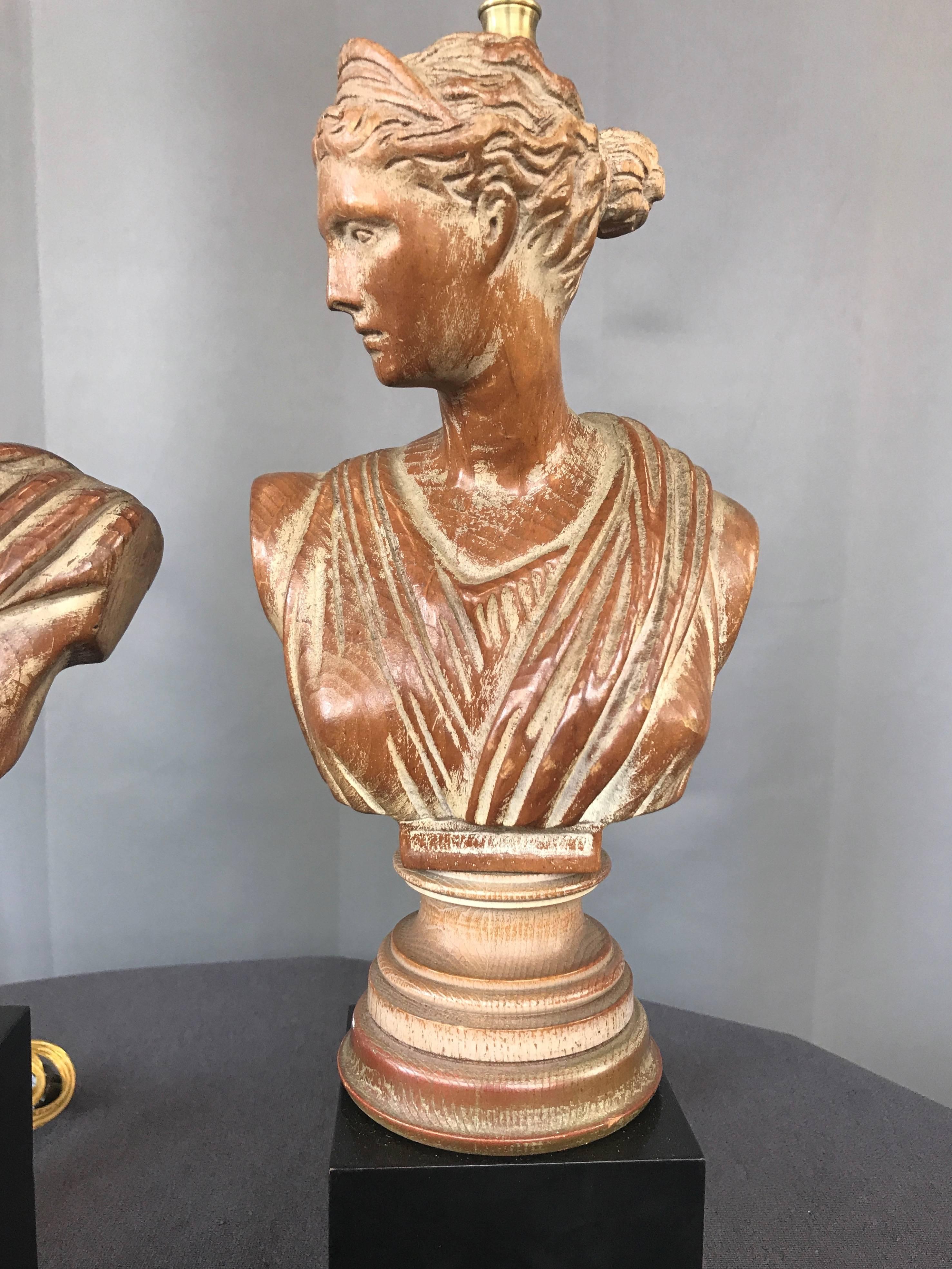 Brass Pair of 1950s Neoclassical Roman Bust Hand-Carved Wood Table Lamps
