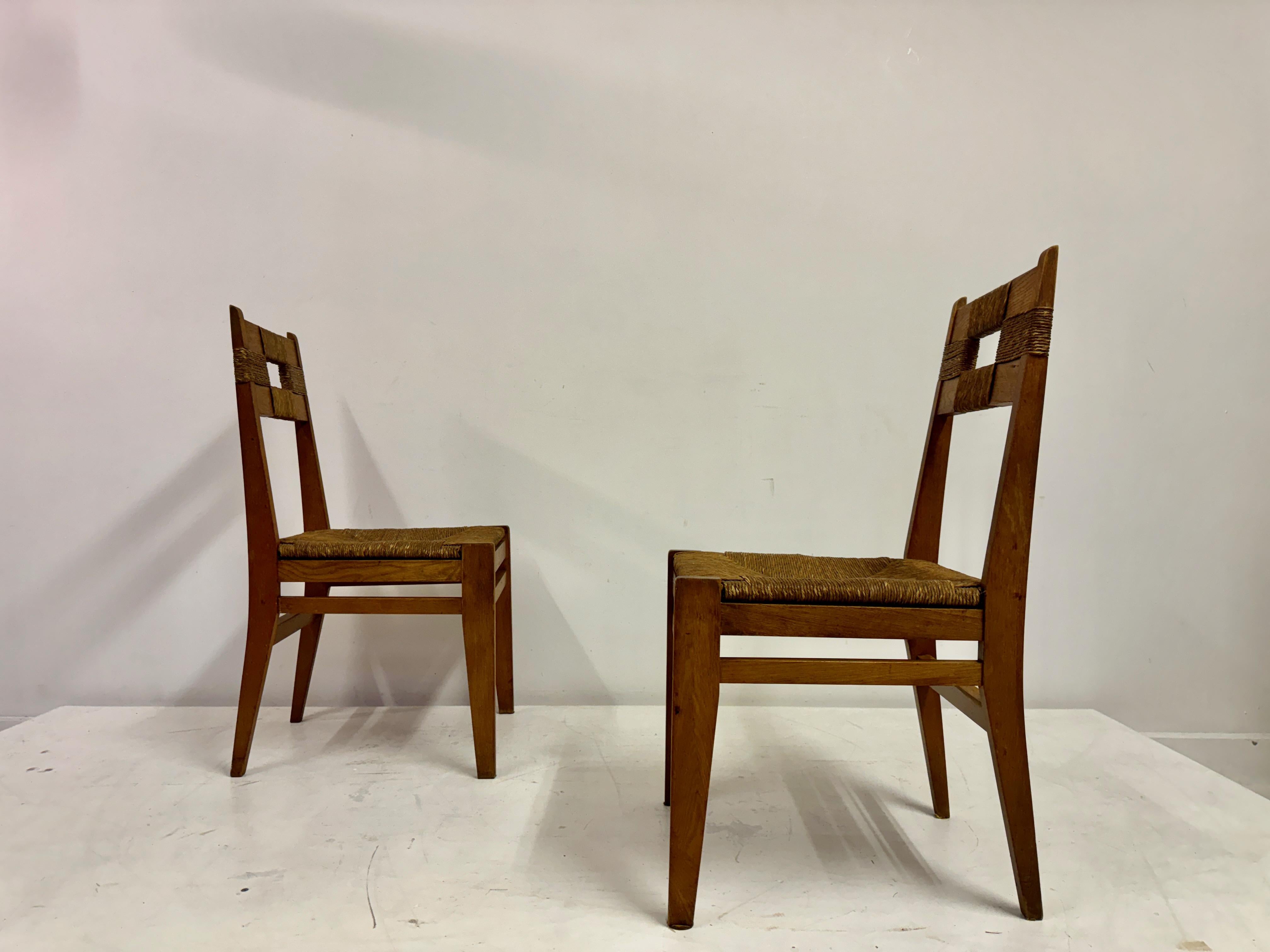Pair of 1950s Oak and Rush Side Chairs For Sale 5