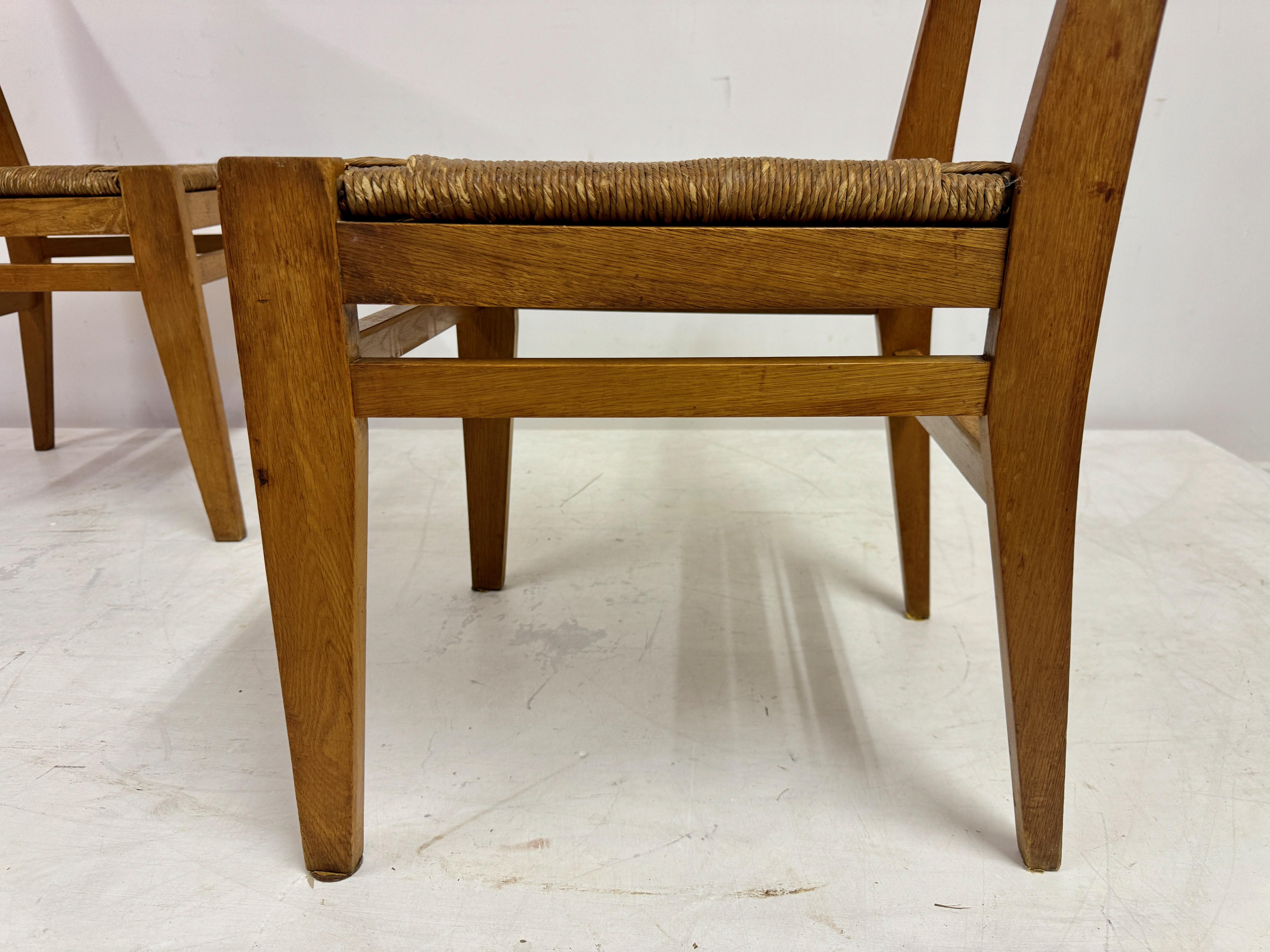 Pair of 1950s Oak and Rush Side Chairs For Sale 6