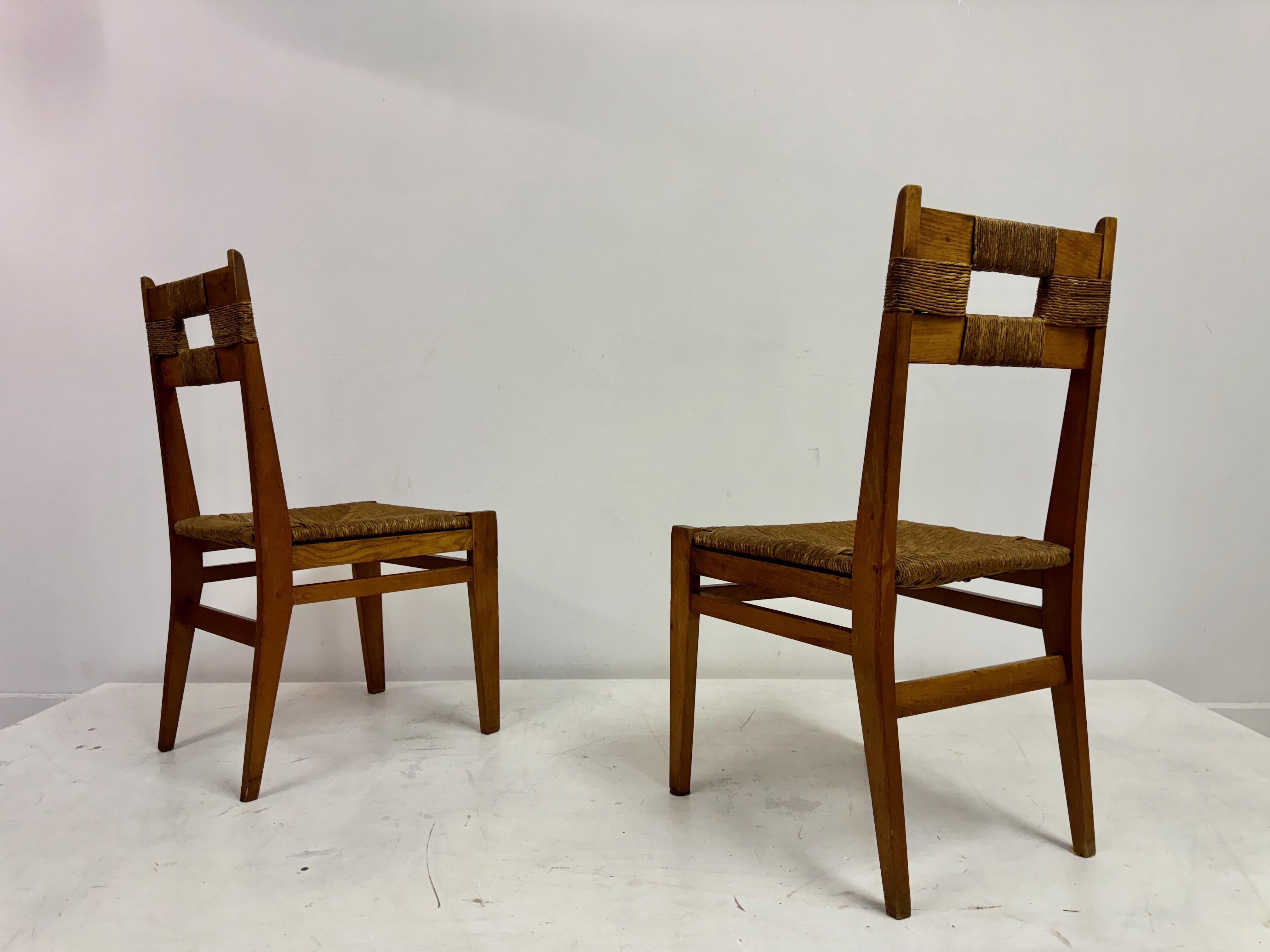 Pair of 1950s Oak and Rush Side Chairs For Sale 7