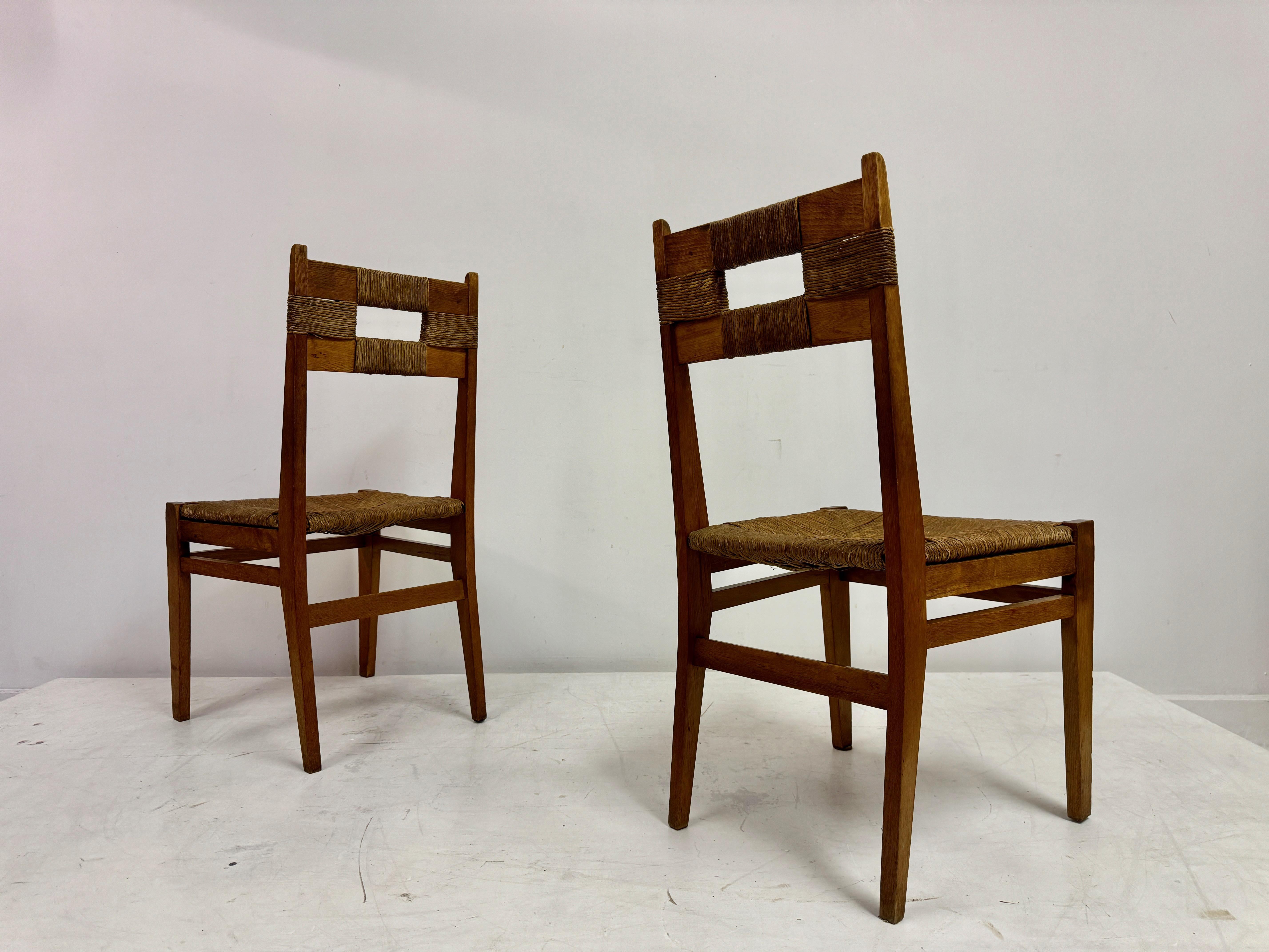 Pair of 1950s Oak and Rush Side Chairs For Sale 9