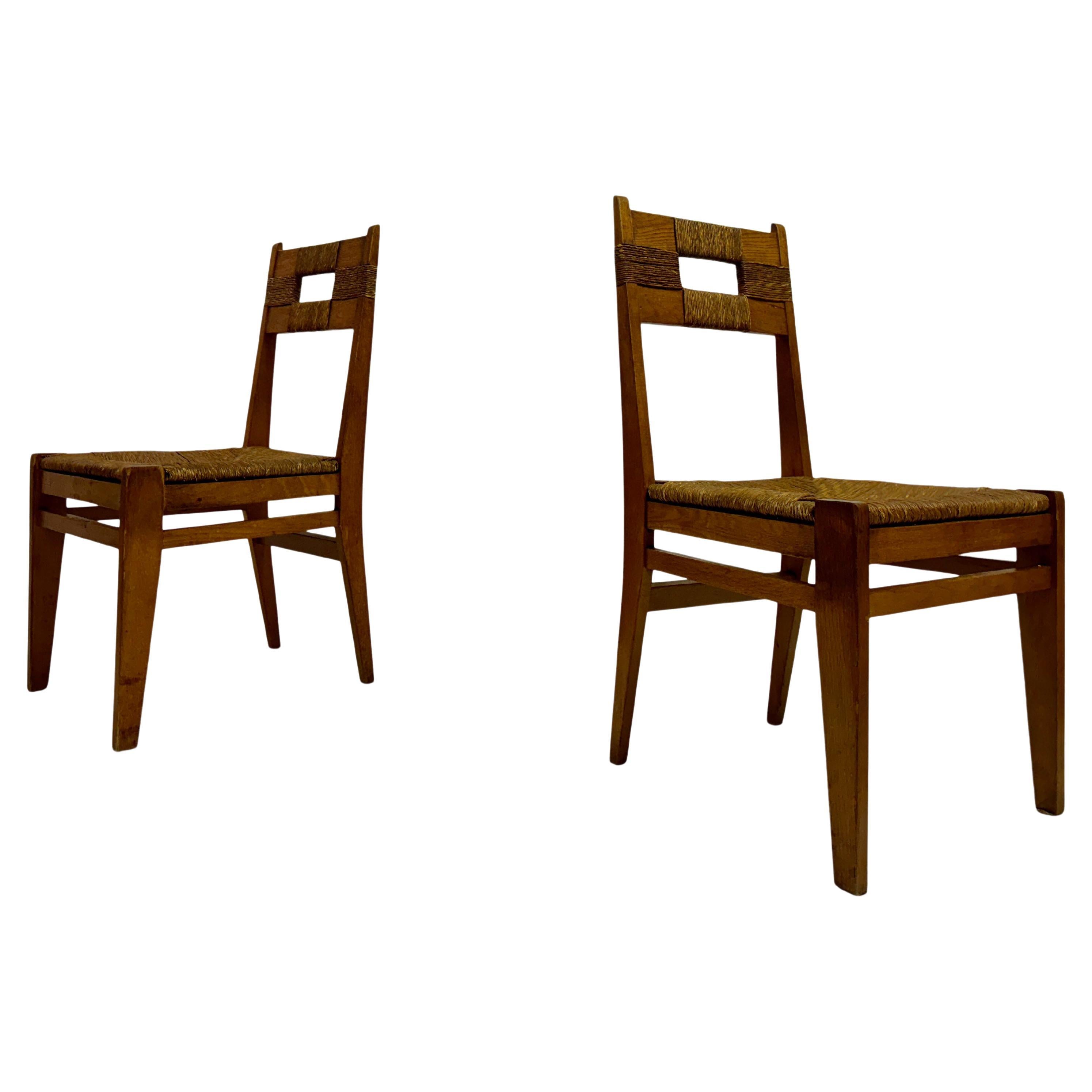 Pair of 1950s Oak and Rush Side Chairs For Sale