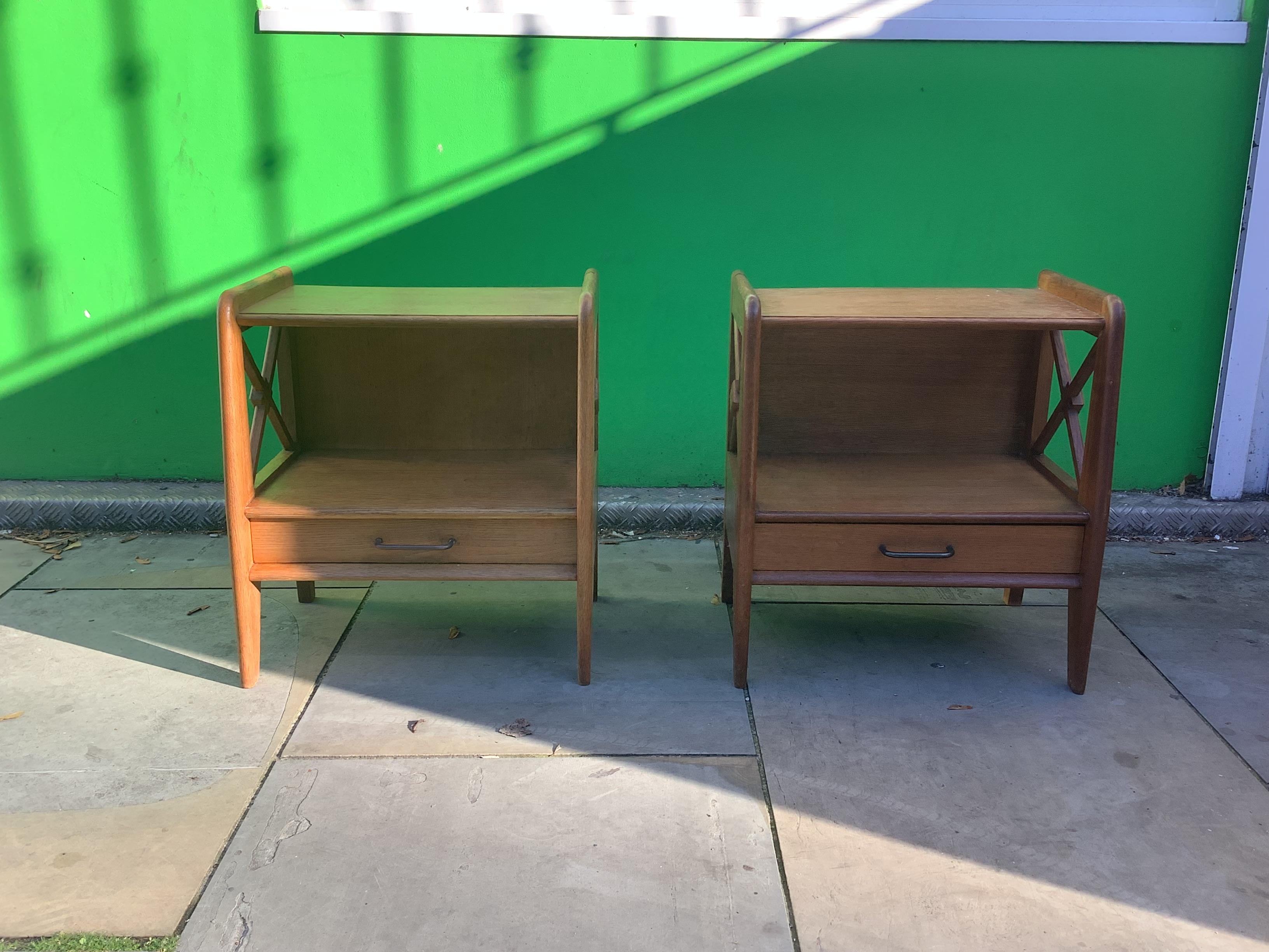 French pair of 1950's oak bedside tables by Jacques Adnet For Sale