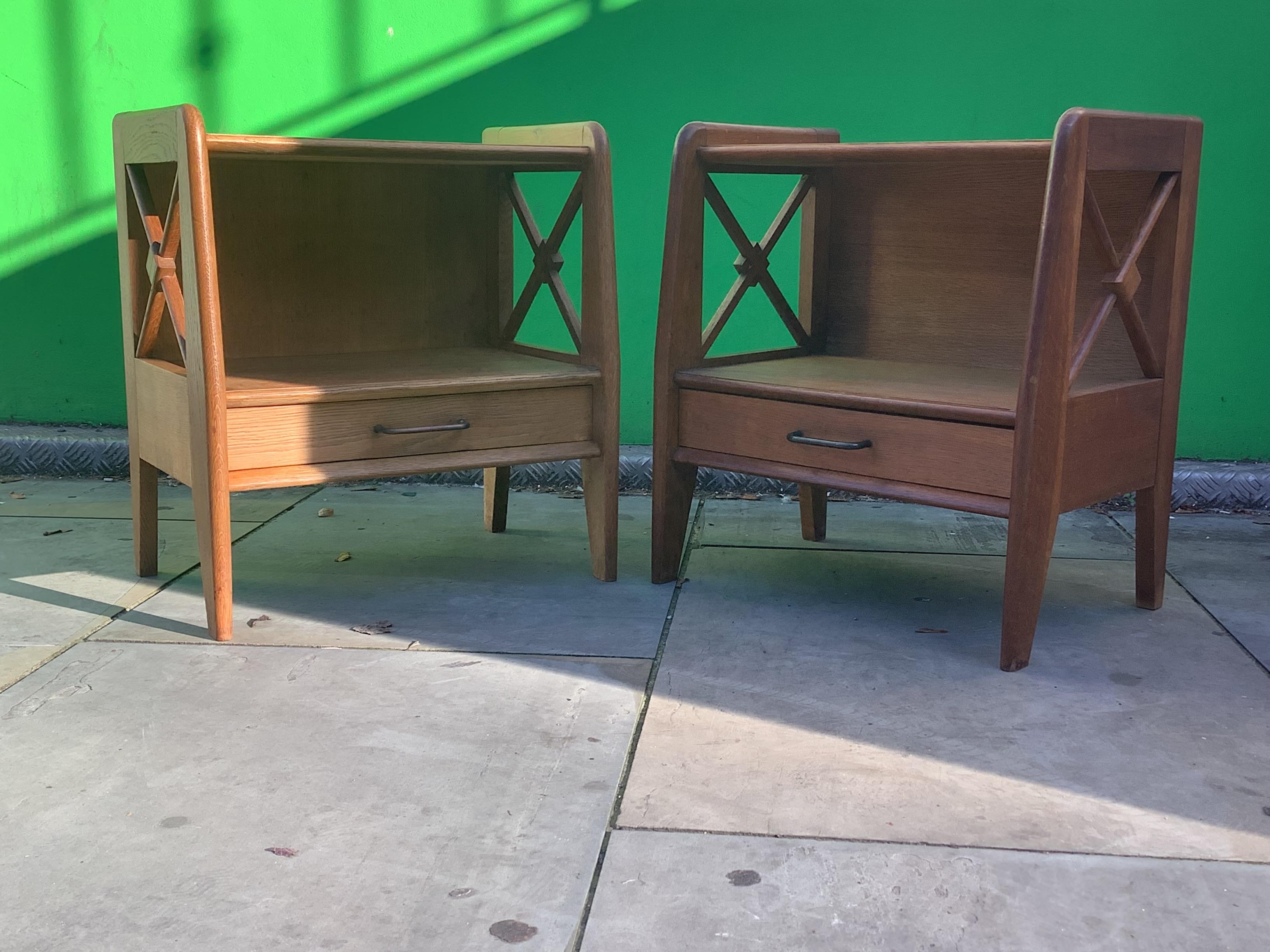 20th Century pair of 1950's oak bedside tables by Jacques Adnet For Sale