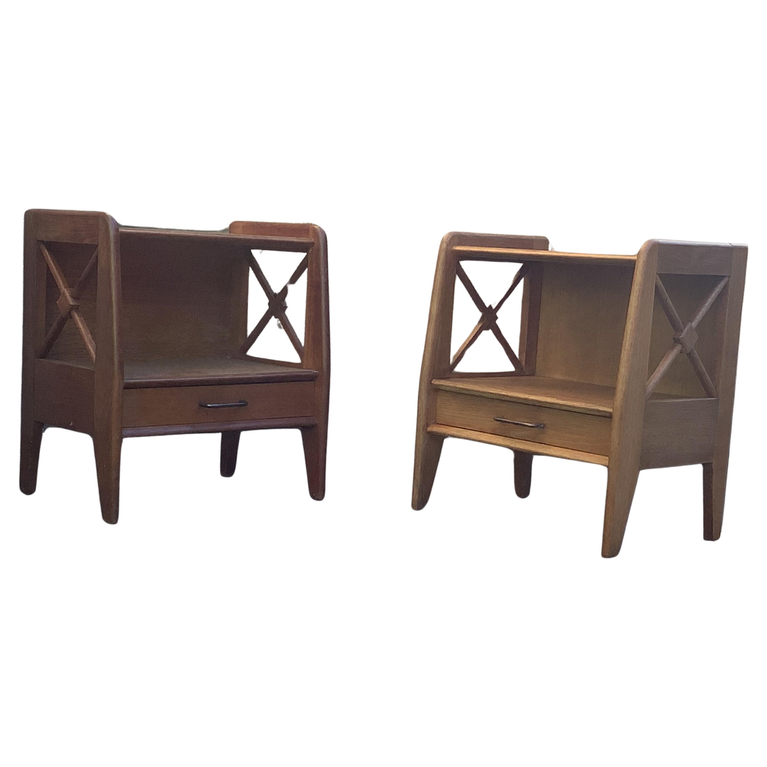 pair of 1950's oak bedside tables by Jacques Adnet For Sale