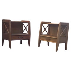 Vintage pair of 1950's oak bedside tables by Jacques Adnet