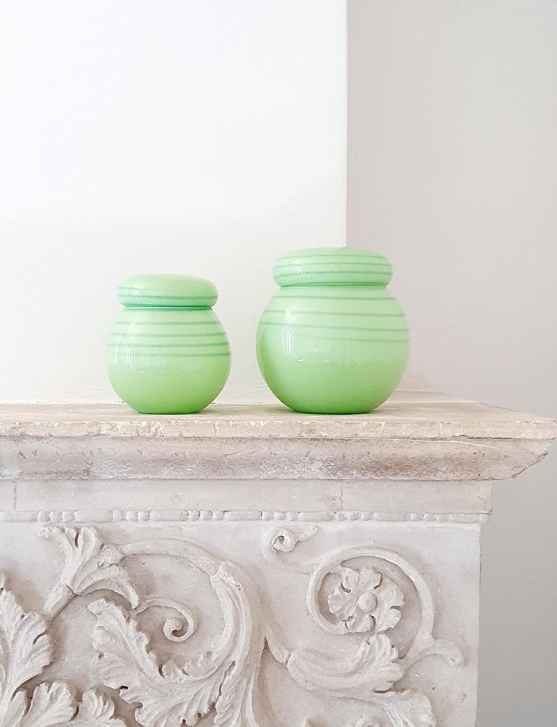 Pair of 1950s Opaque Green Glass Murano Pots 1