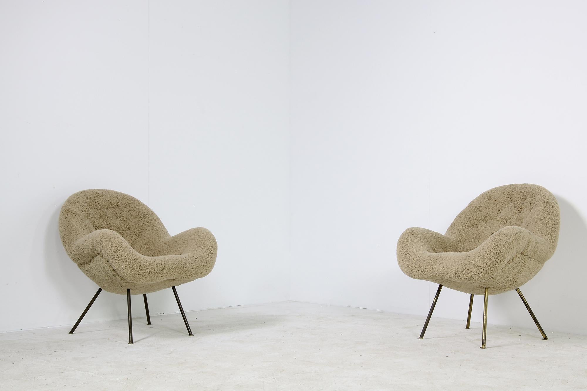 Pair of 1950s Organic Fritz Neth Lounge Chairs Teddy Fur Mid-Century Modern B 1