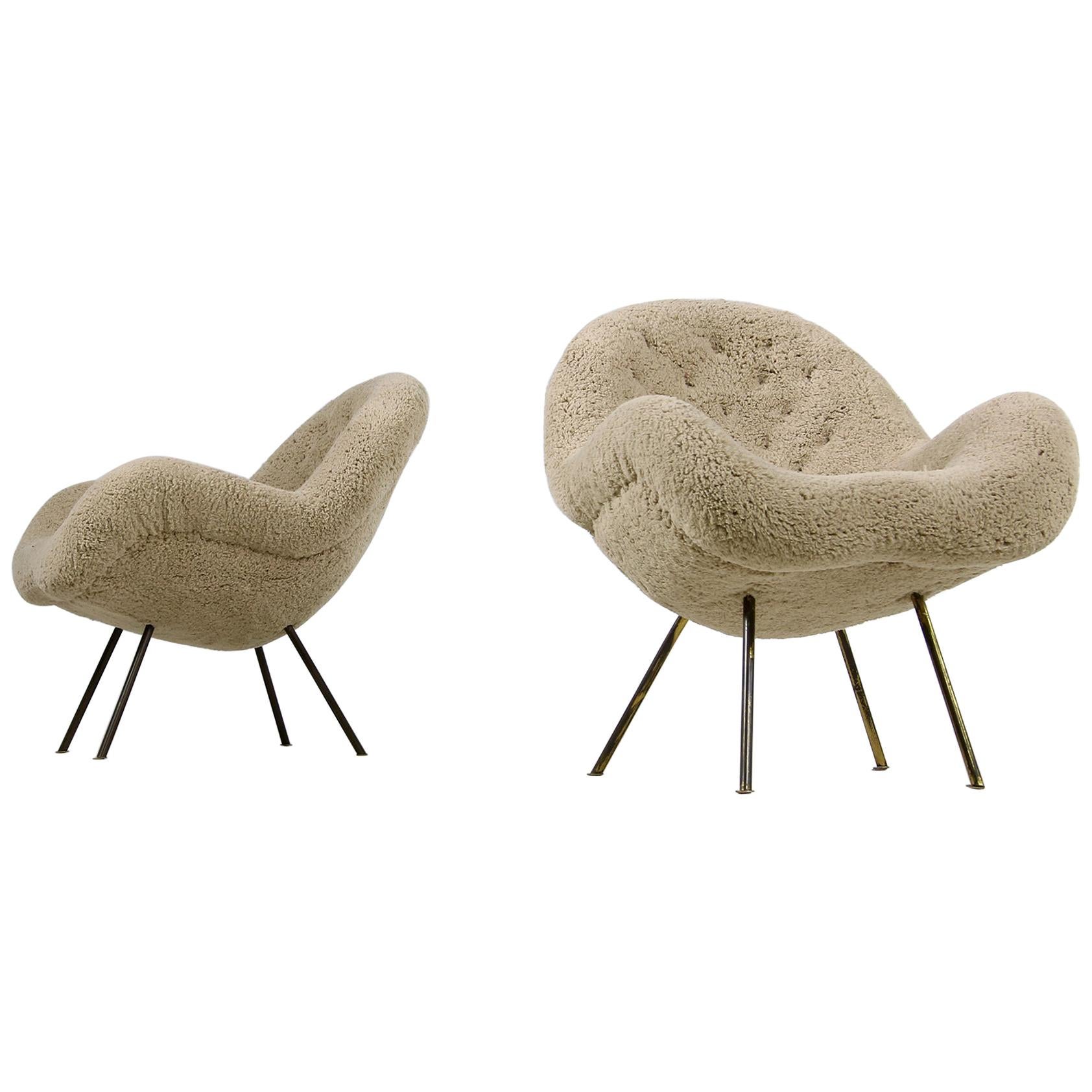 Pair of 1950s Organic Fritz Neth Lounge Chairs Teddy Fur Mid-Century Modern B