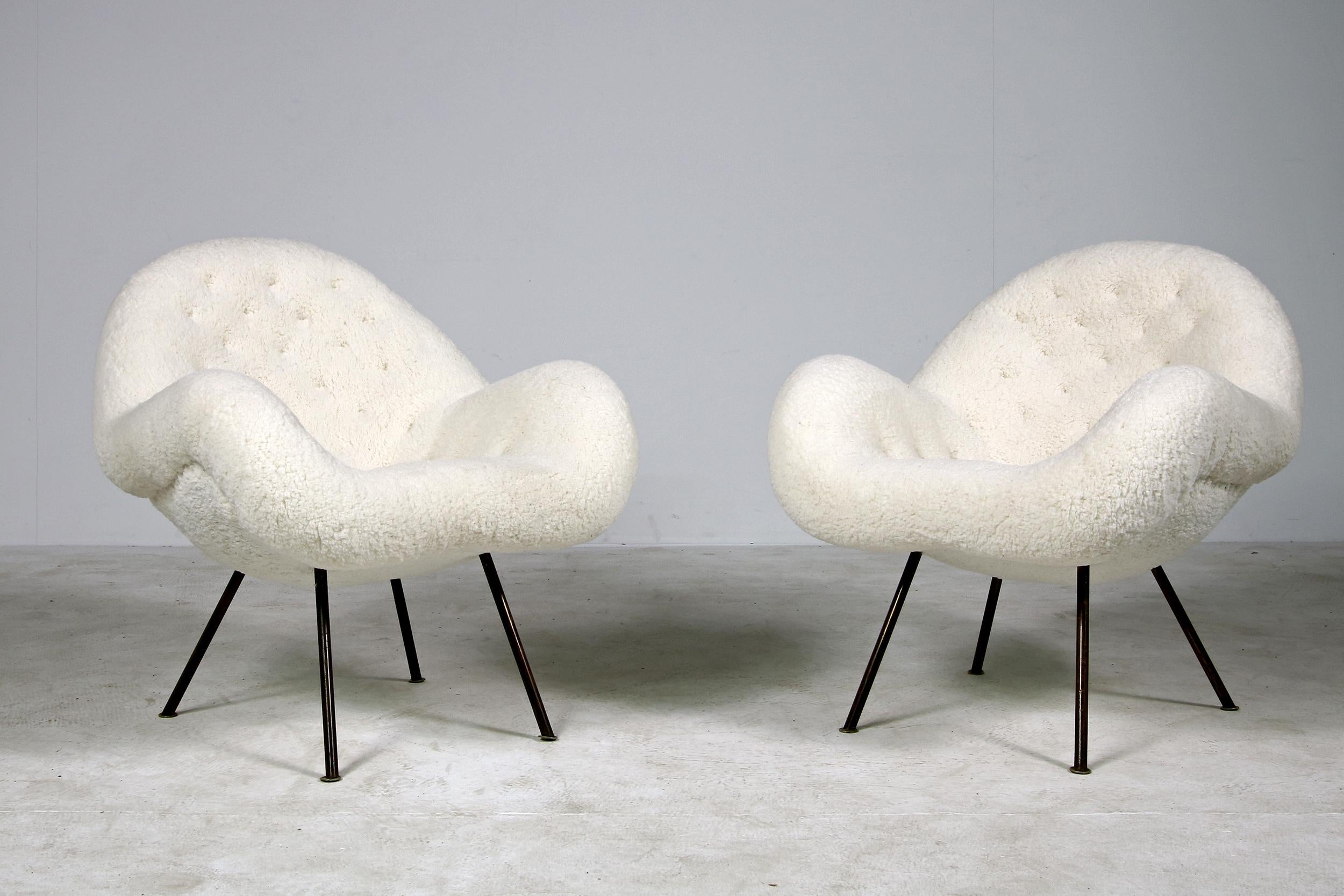 Beautiful and very rare 1950s pair of organic lounge chairs, by Fritz Neth, Germany circa 1950 with new upholstery and covered with new super soft teddy fur fabric, like sheepskin, but cotton mix fabric, very soft to the touch, legs are made of