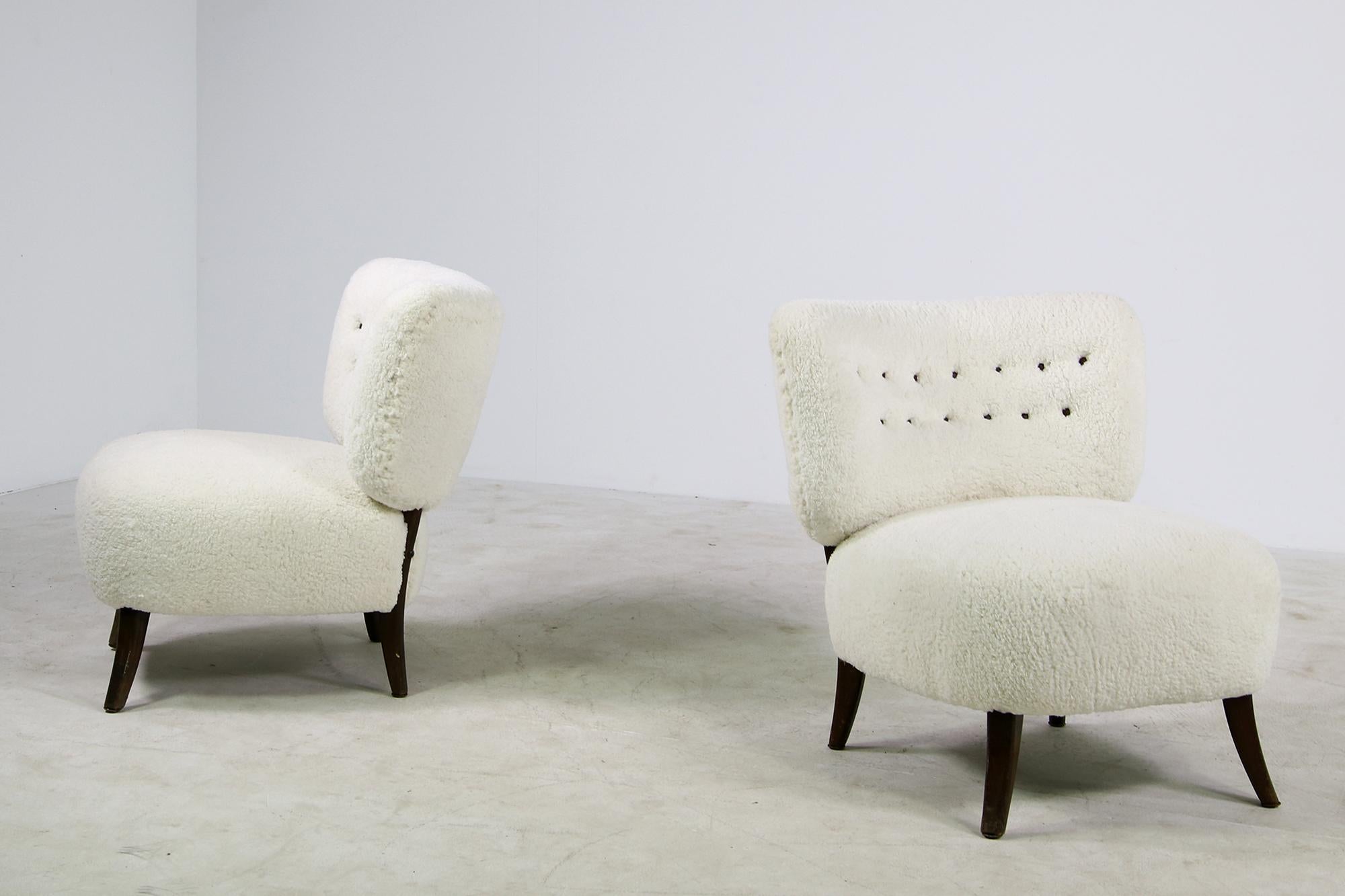 Swedish Pair of 1950s Otto Schultz attrib. Chairs Teddy Fur Mid-Century Faux Sheepskin