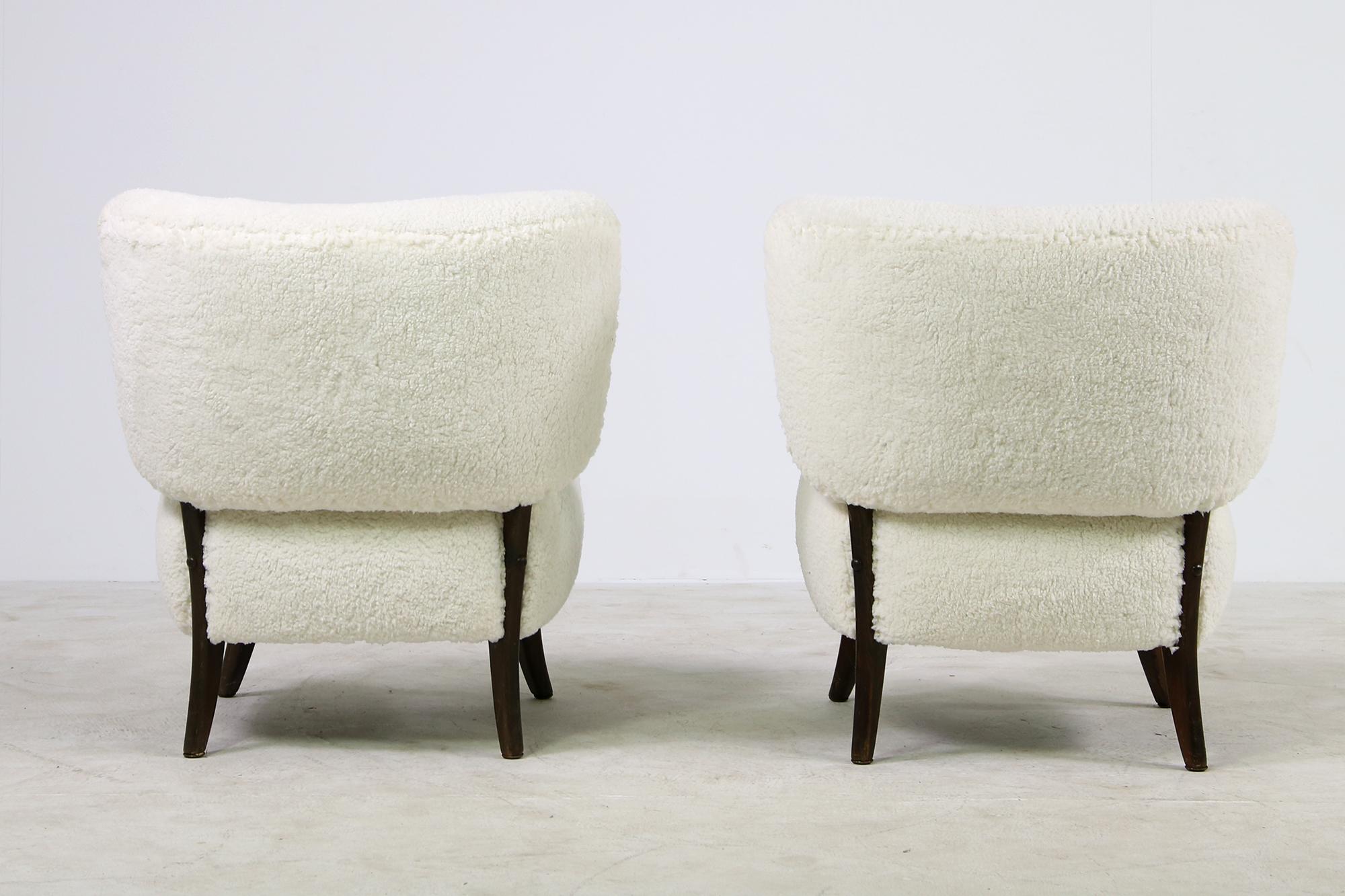 20th Century Pair of 1950s Otto Schultz attrib. Chairs Teddy Fur Mid-Century Faux Sheepskin