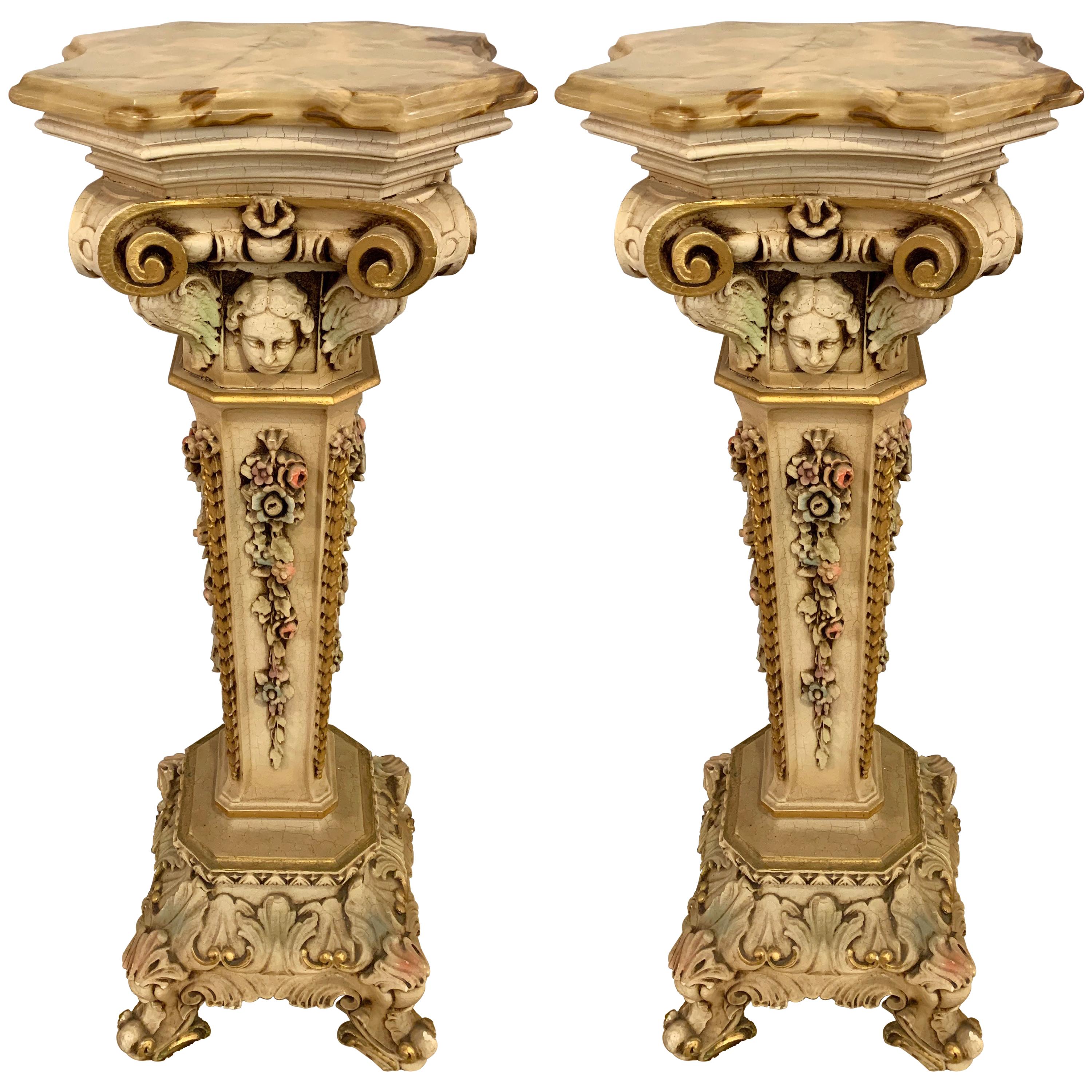 Pair of 1950s Painted and Carved Onyx Top Pedestals