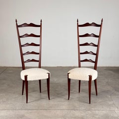 Pair of 1950s Paolo Buffa Chiavari Chairs in Ebonized Wood & White Bouclé