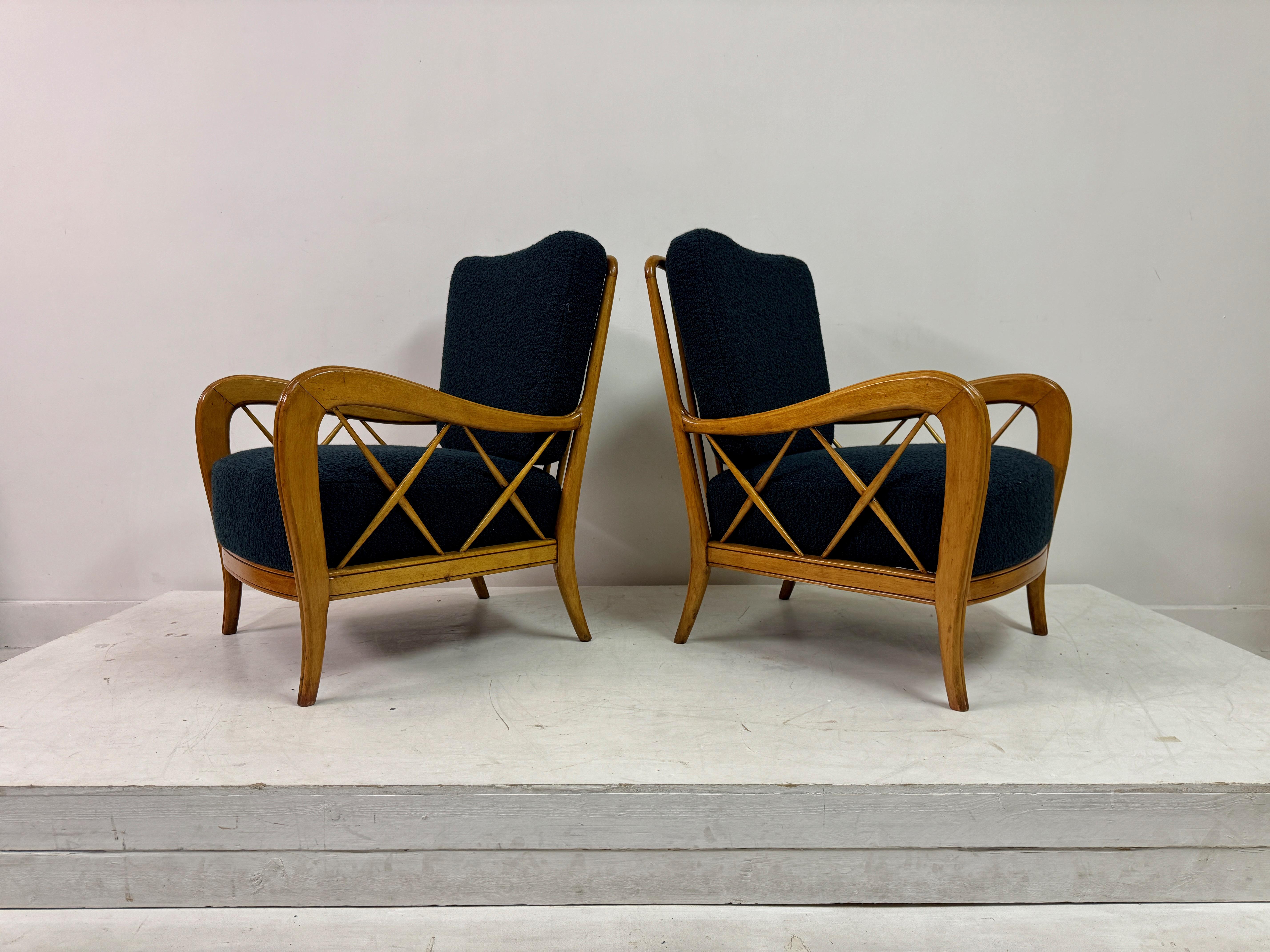 Pair Of 1950s Paolo Buffa Style Armchairs In Boucle For Sale 3