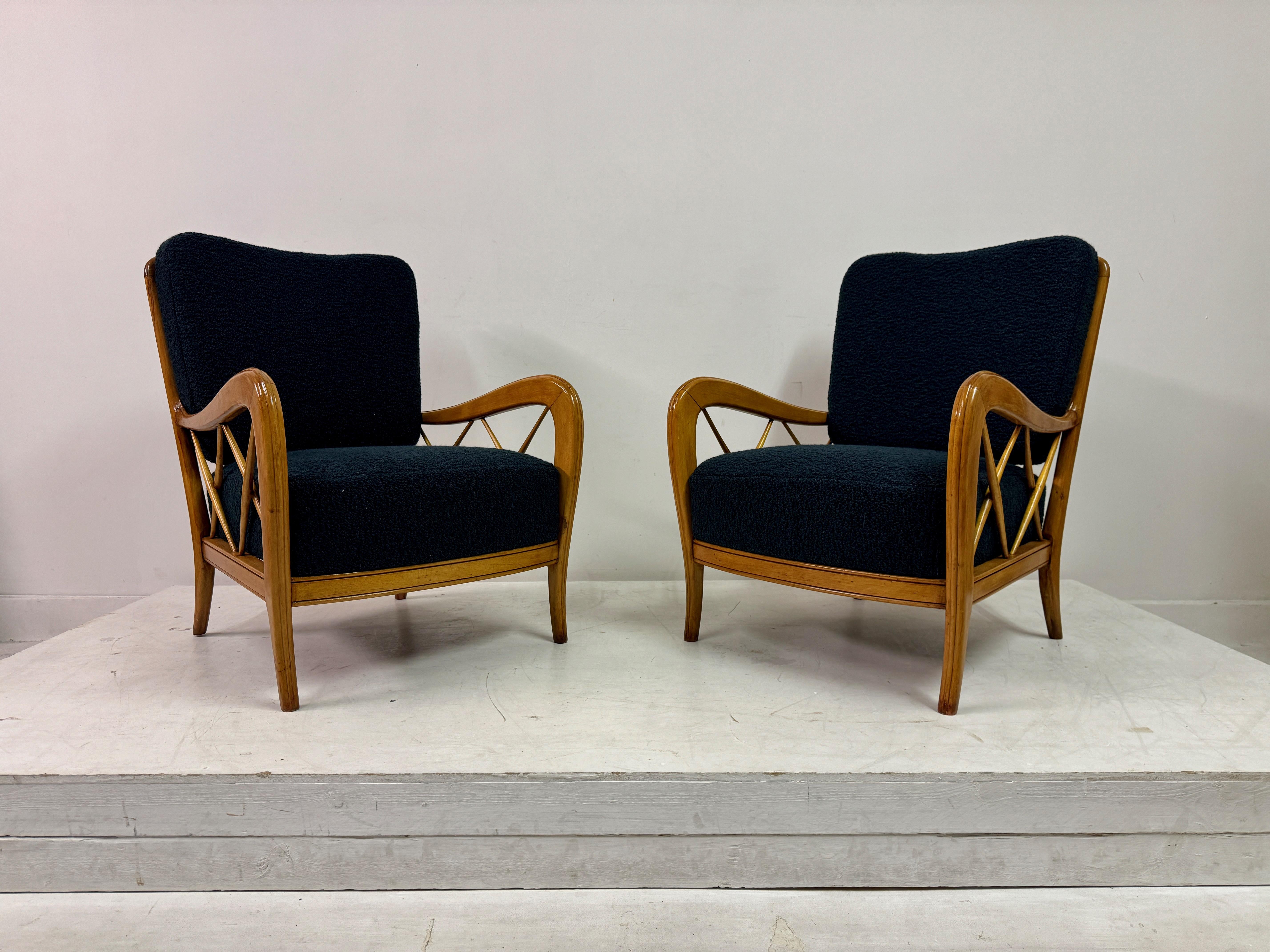 Pair Of 1950s Paolo Buffa Style Armchairs In Boucle In Good Condition For Sale In London, London