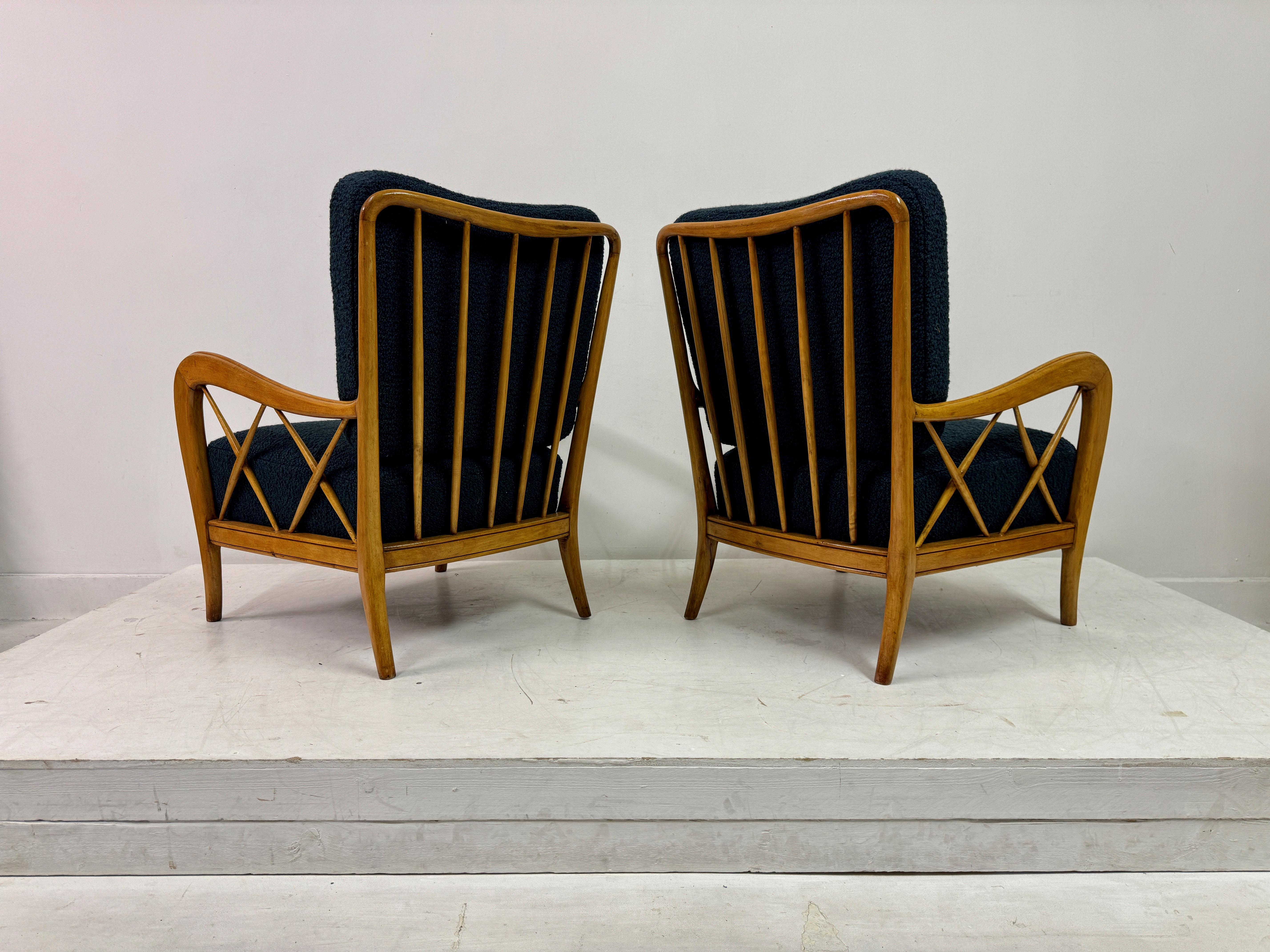 Pair Of 1950s Paolo Buffa Style Armchairs In Boucle For Sale 1