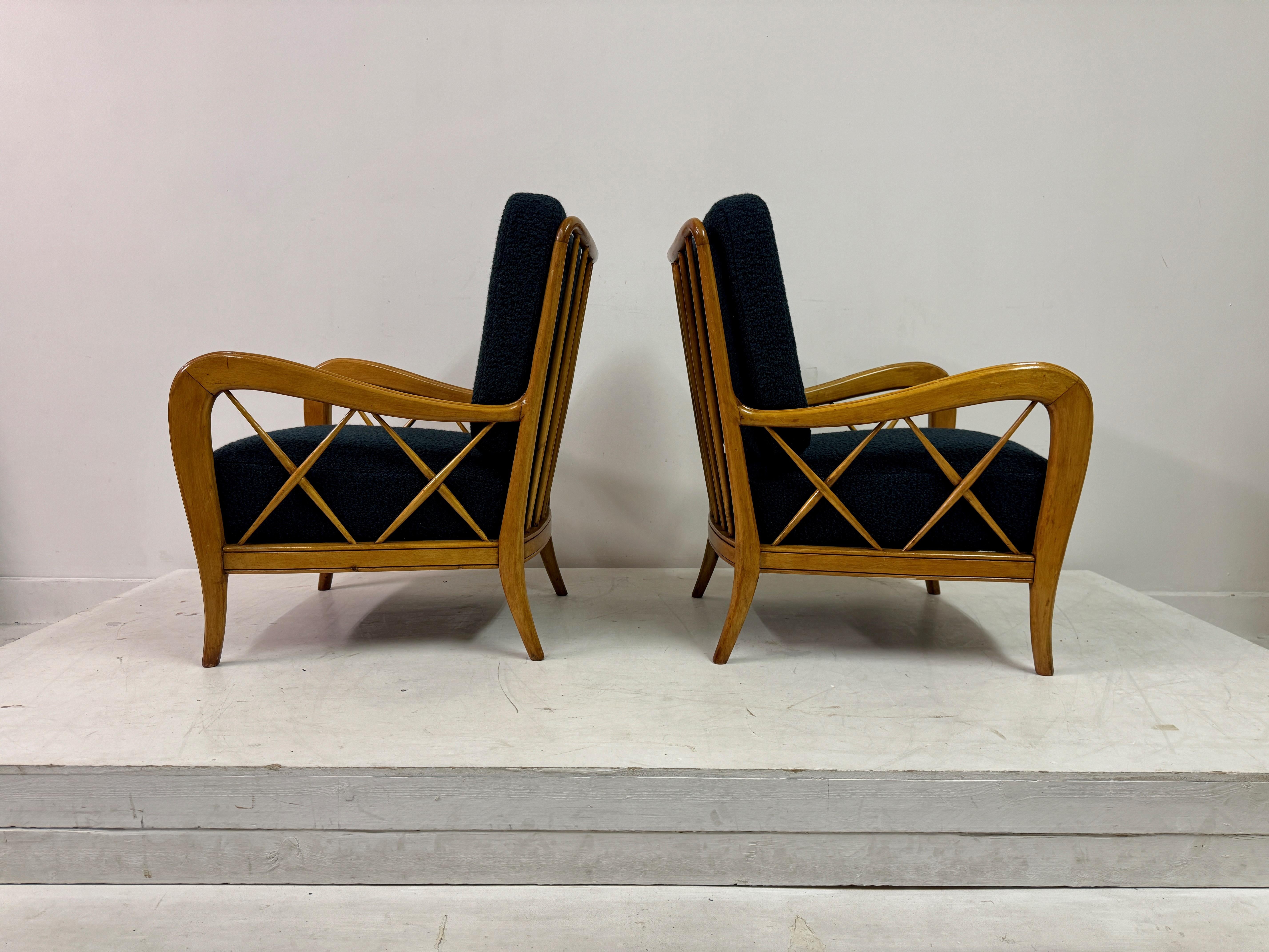 Pair Of 1950s Paolo Buffa Style Armchairs In Boucle For Sale 2
