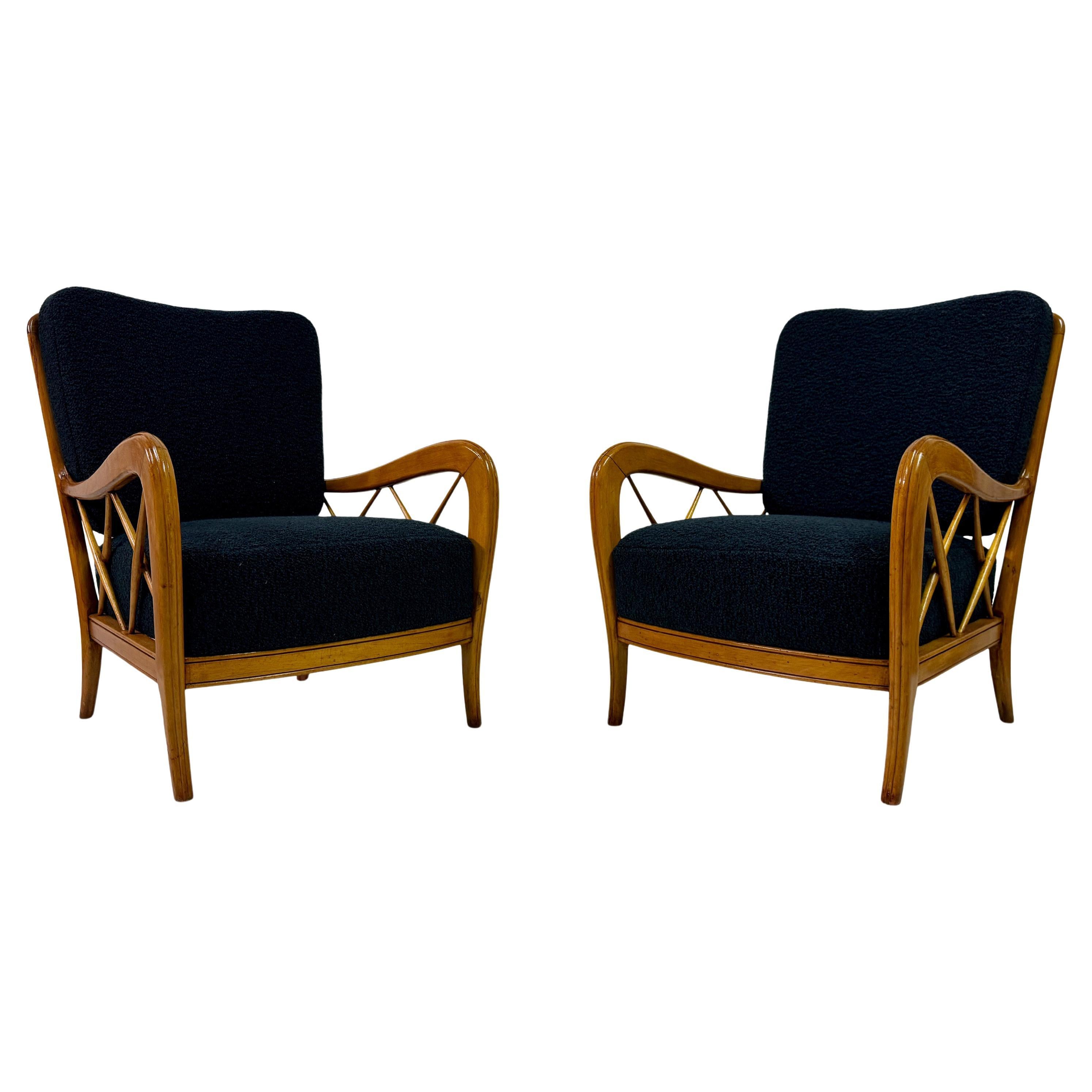 Pair Of 1950s Paolo Buffa Style Armchairs In Boucle For Sale