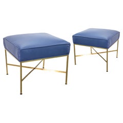 Pair of 1950s Paul McCobb for Directional Navy X-Base Brass Stool or Ottomans