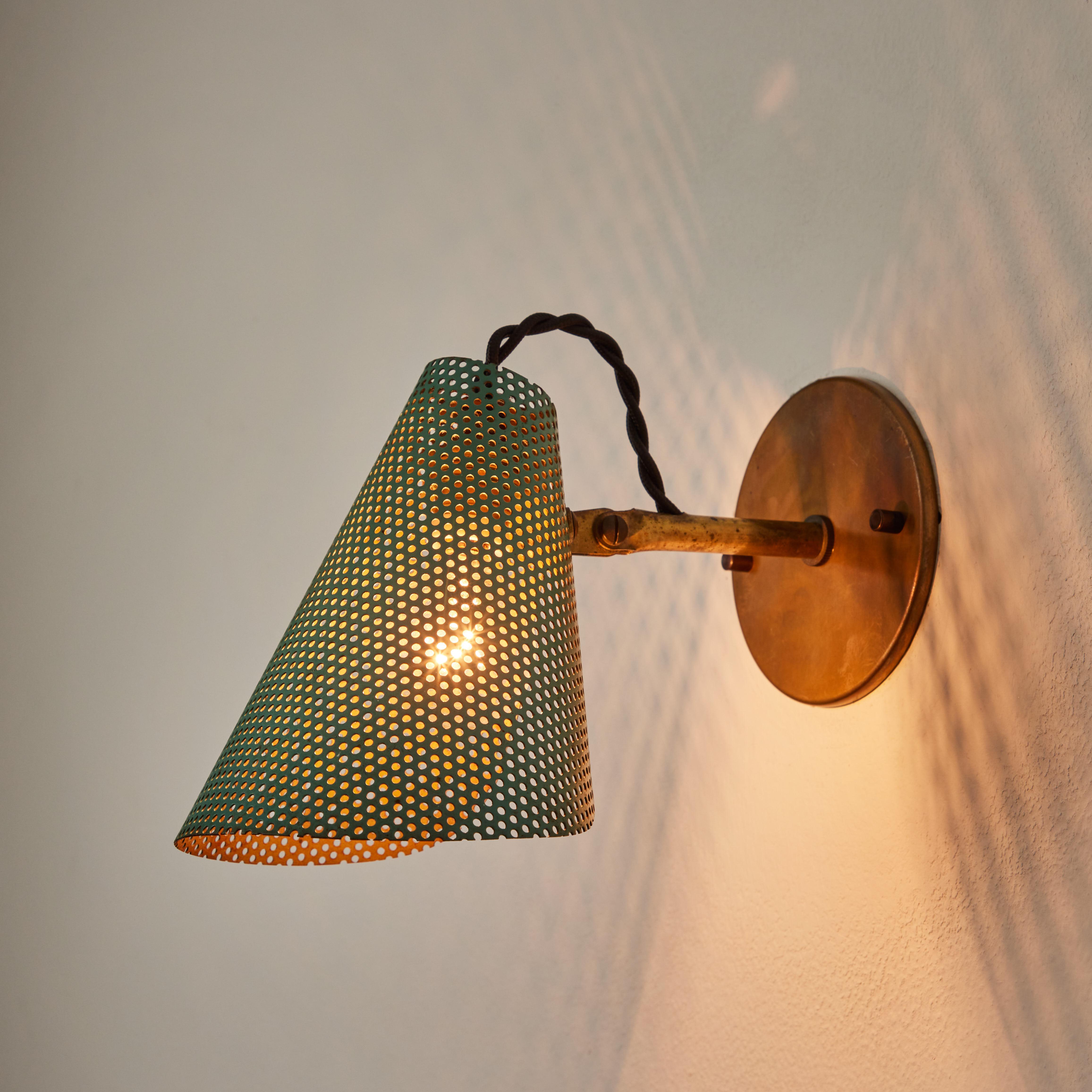 Mid-Century Modern Pair of 1950s Perforated Metal & Brass Sconces Attributed to Mathieu Matégot