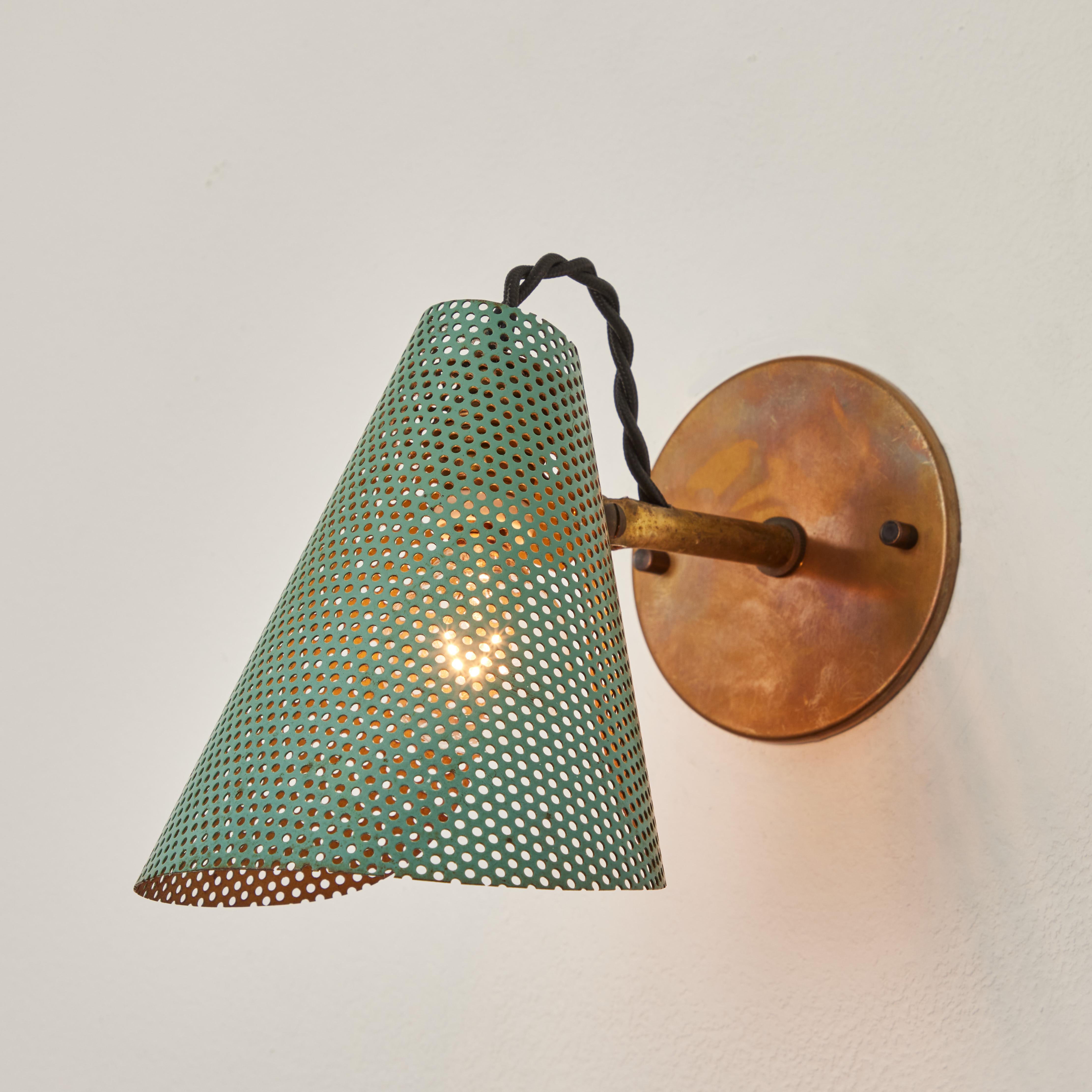 French Pair of 1950s Perforated Metal & Brass Sconces Attributed to Mathieu Matégot