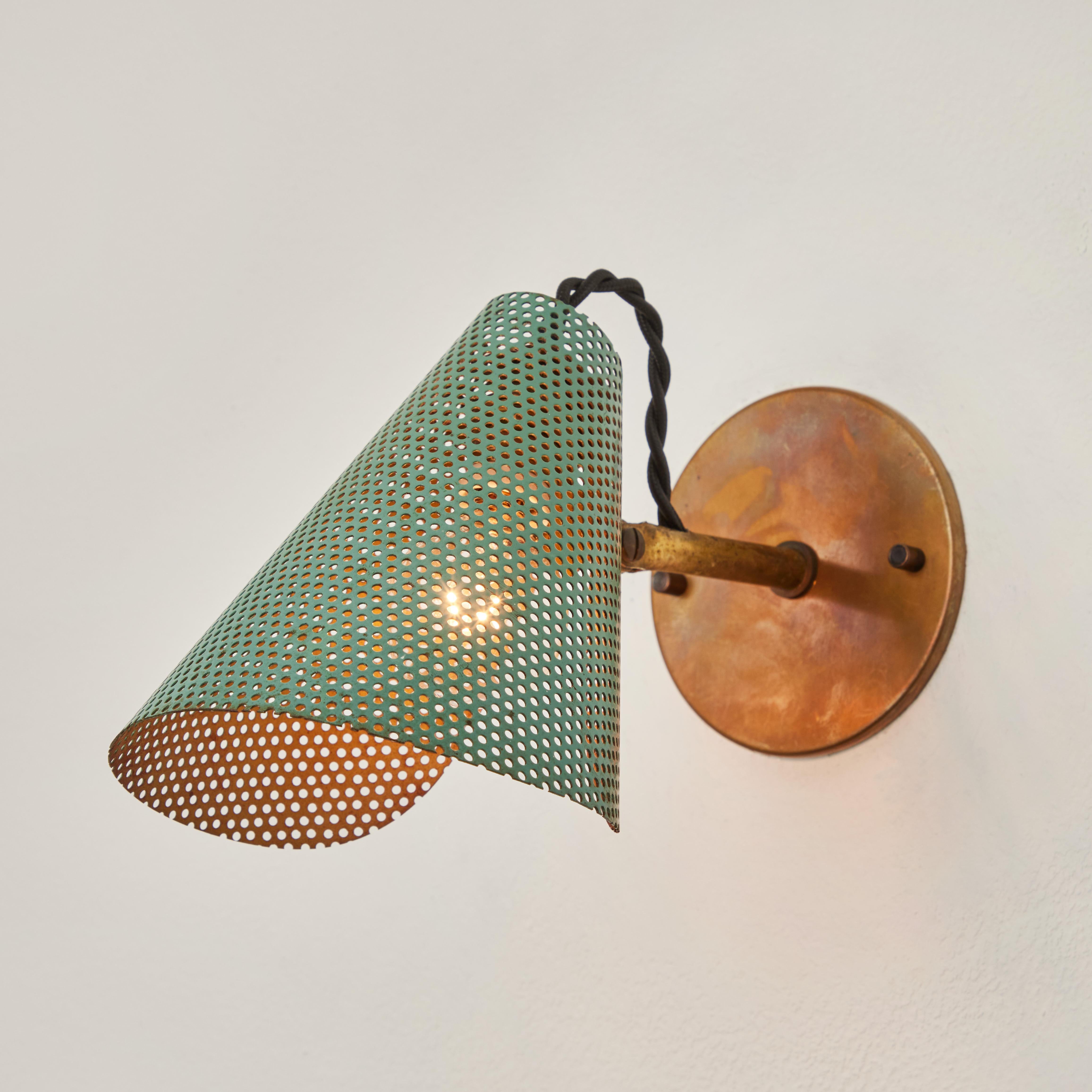 Painted Pair of 1950s Perforated Metal & Brass Sconces Attributed to Mathieu Matégot