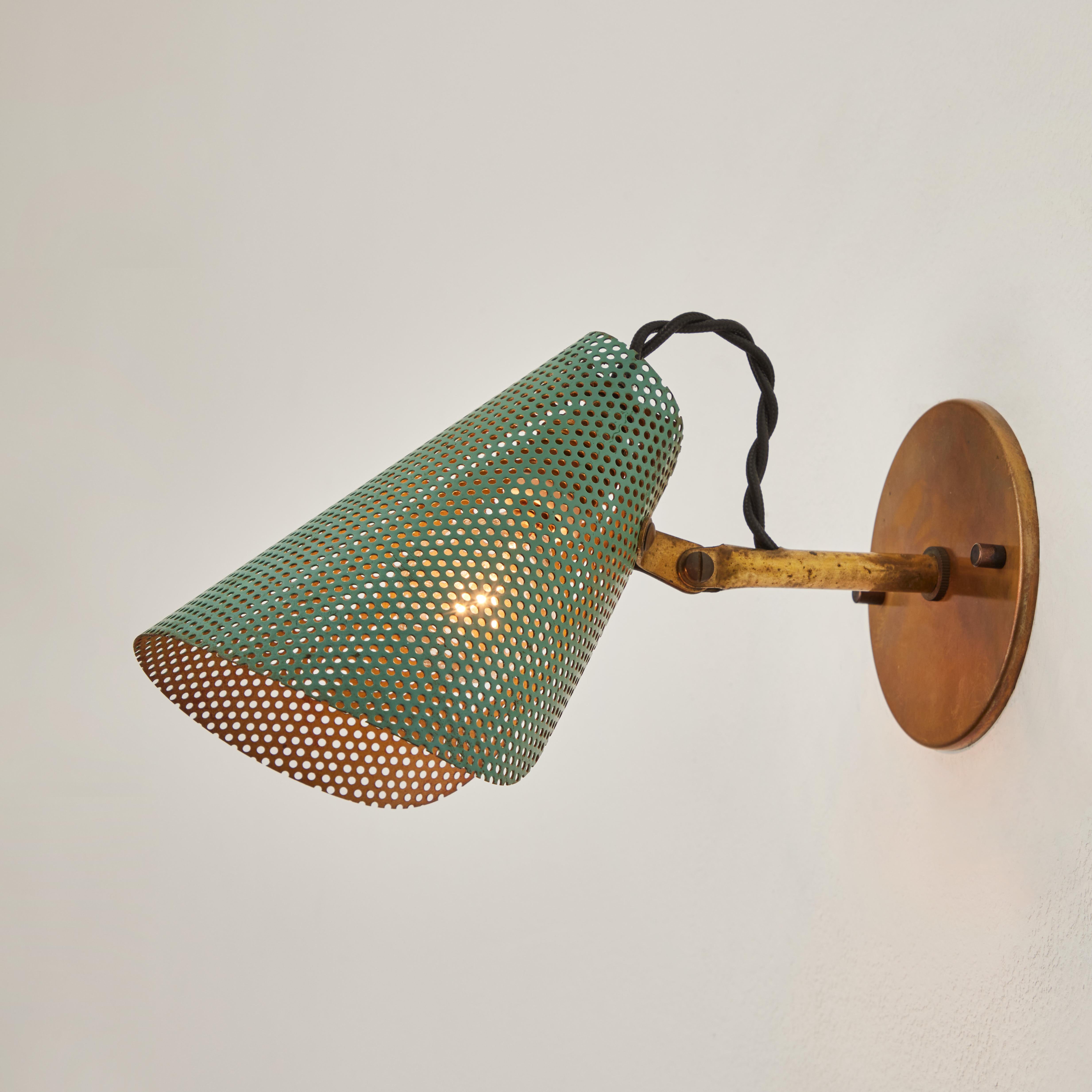 Pair of 1950s Perforated Metal & Brass Sconces Attributed to Mathieu Matégot In Good Condition In Glendale, CA