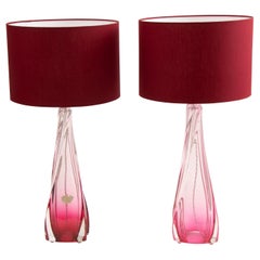 Pair of 1950s Pink Belgian Val St Lambert Crystal Table Lamps Inc Shades