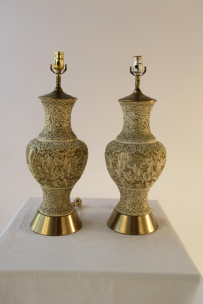 Pair of 1950s Plaster Asian Style Lamps In Good Condition For Sale In Tarrytown, NY