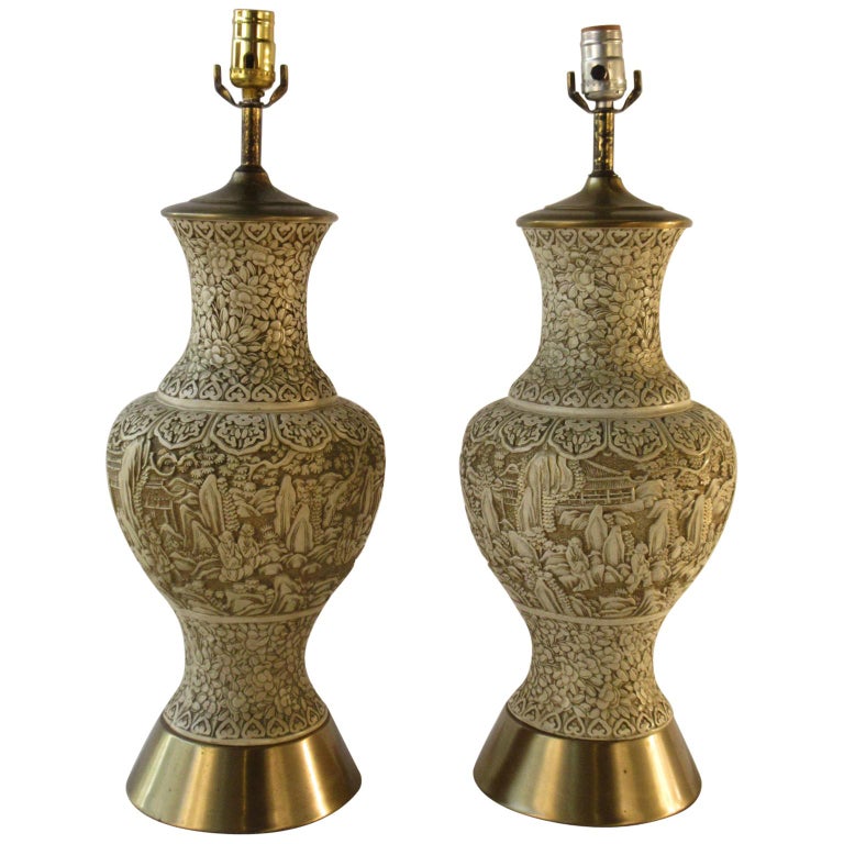 Pair of 1950s Plaster Asian Style Lamps For Sale
