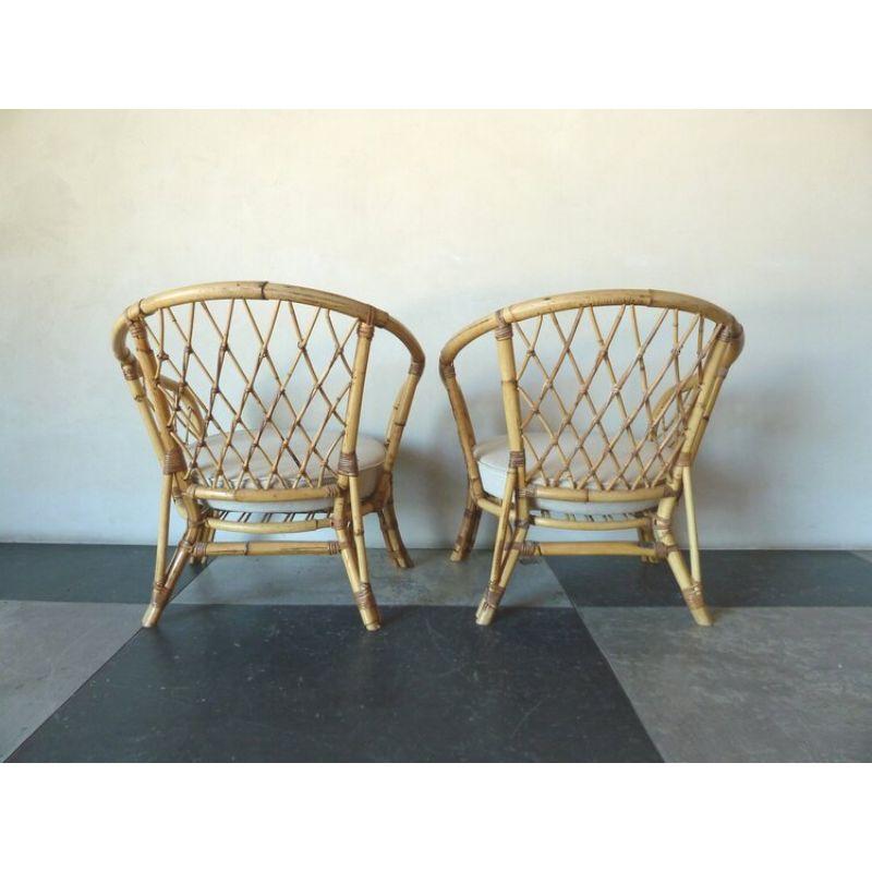 20th Century Pair of 1950s Rattan Armchairs with Linen Seats For Sale