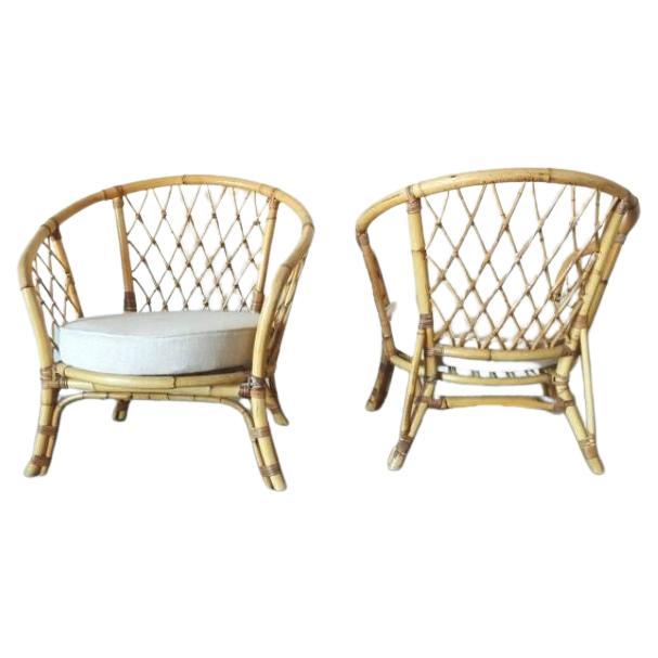 Pair of 1950s Rattan Armchairs with Linen Seats