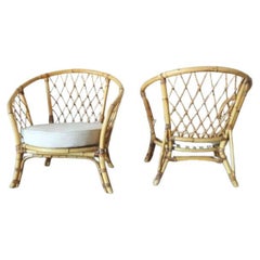 Pair of 1950s Rattan Armchairs with Linen Seats