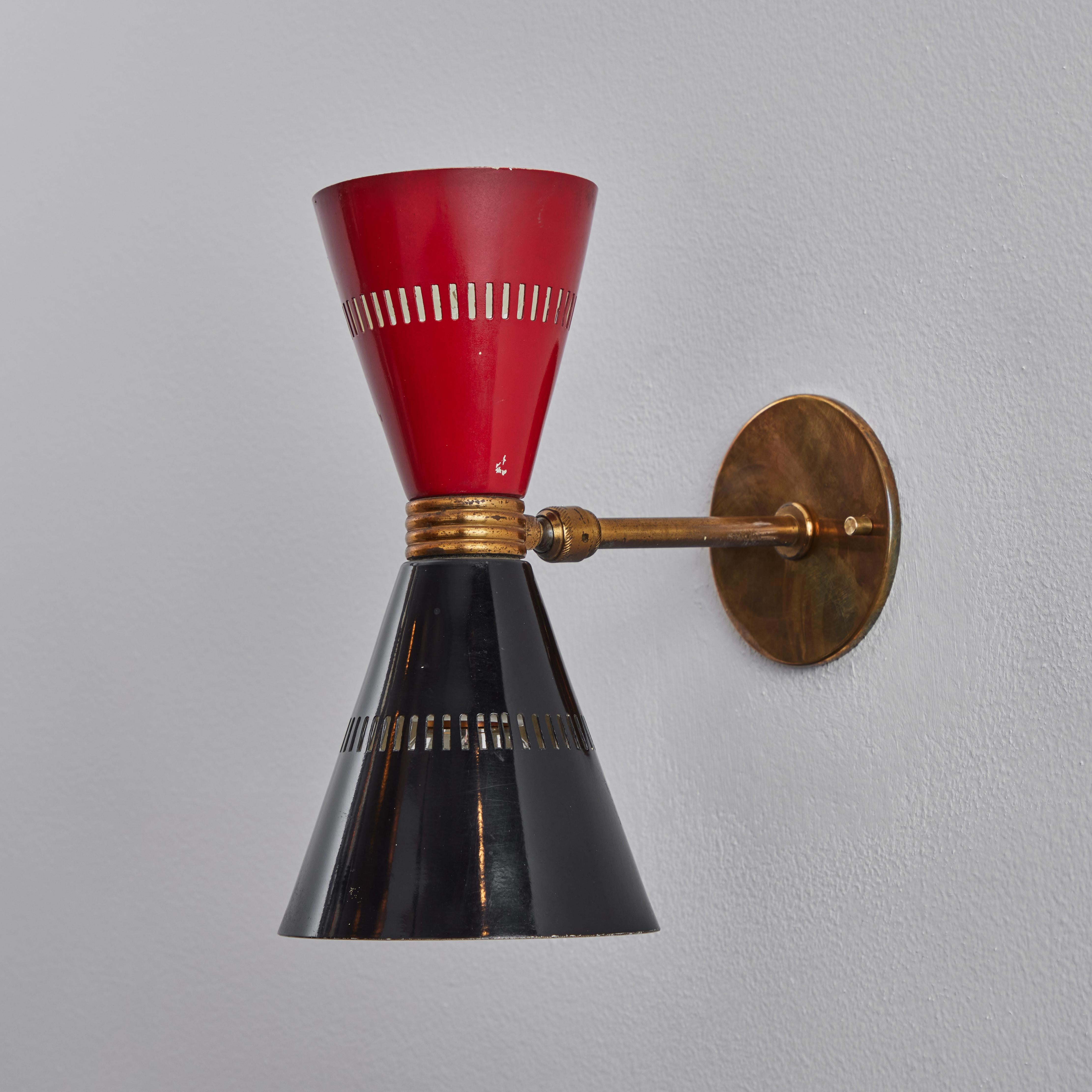 Brass Pair of 1950s Red & Black Stilnovo Diabolo Sconces
