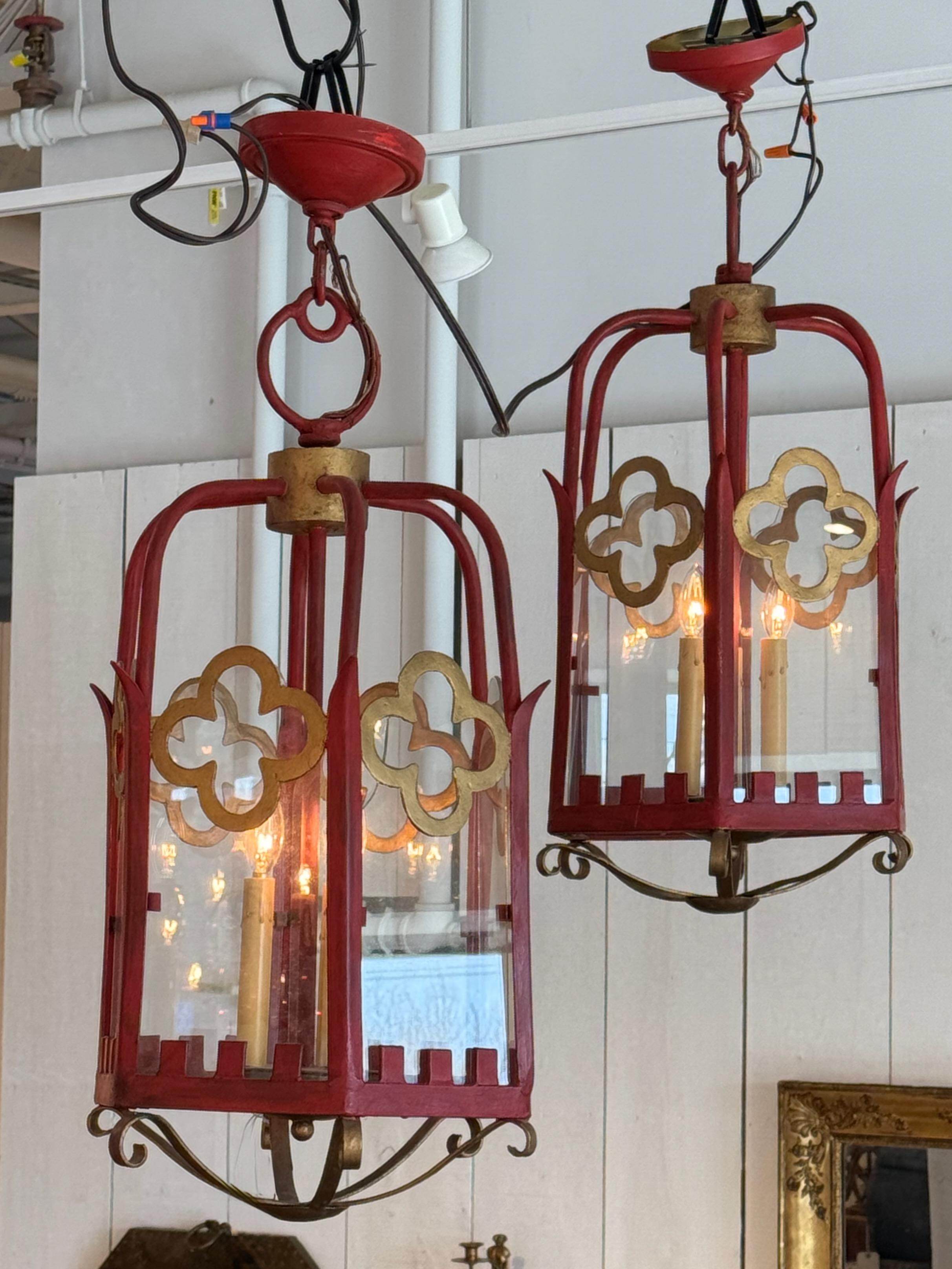 British Pair of 1950s Red Metal Lanterns For Sale