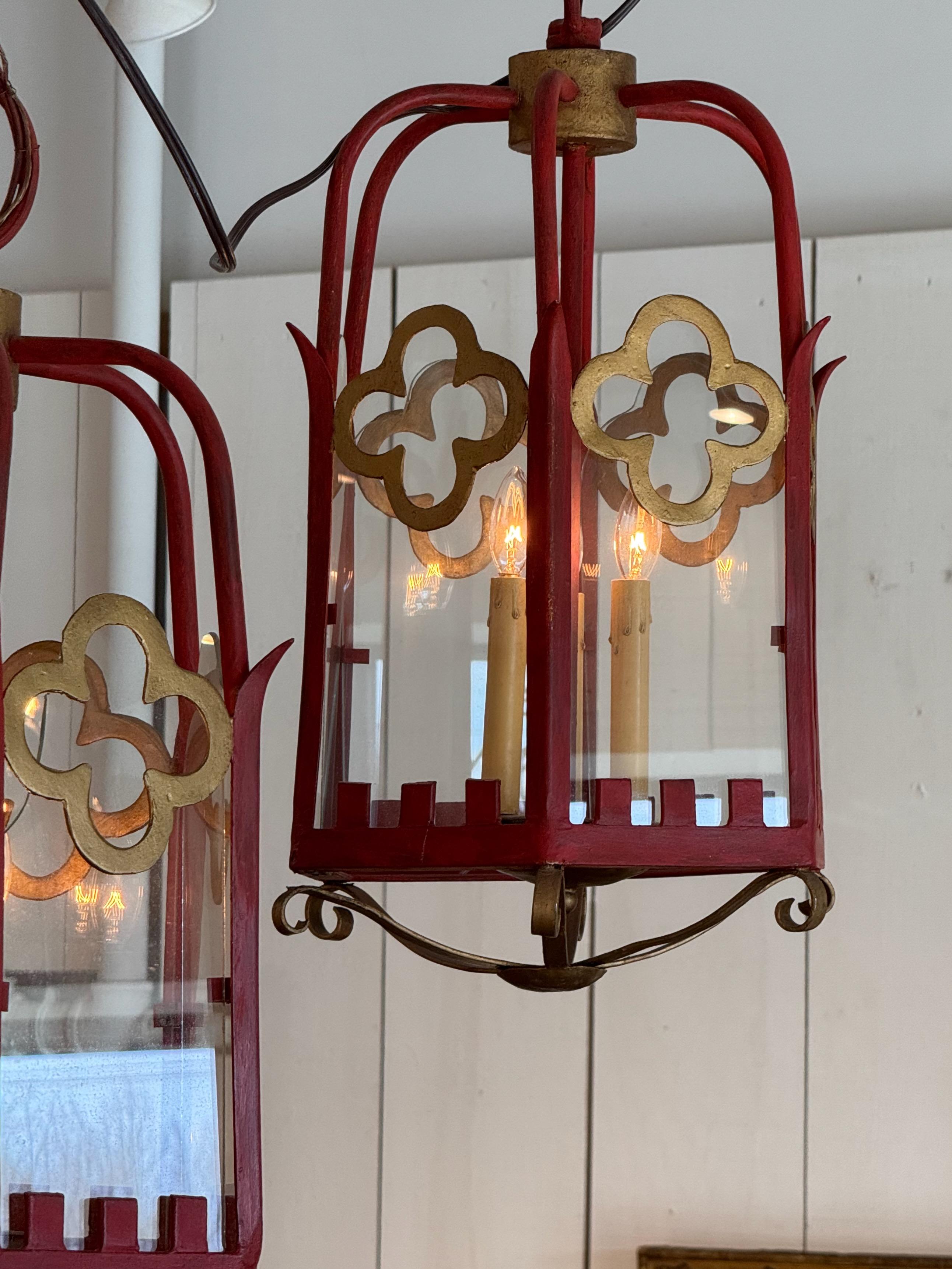 Pair of 1950s Red Metal Lanterns In Good Condition For Sale In Charlottesville, VA