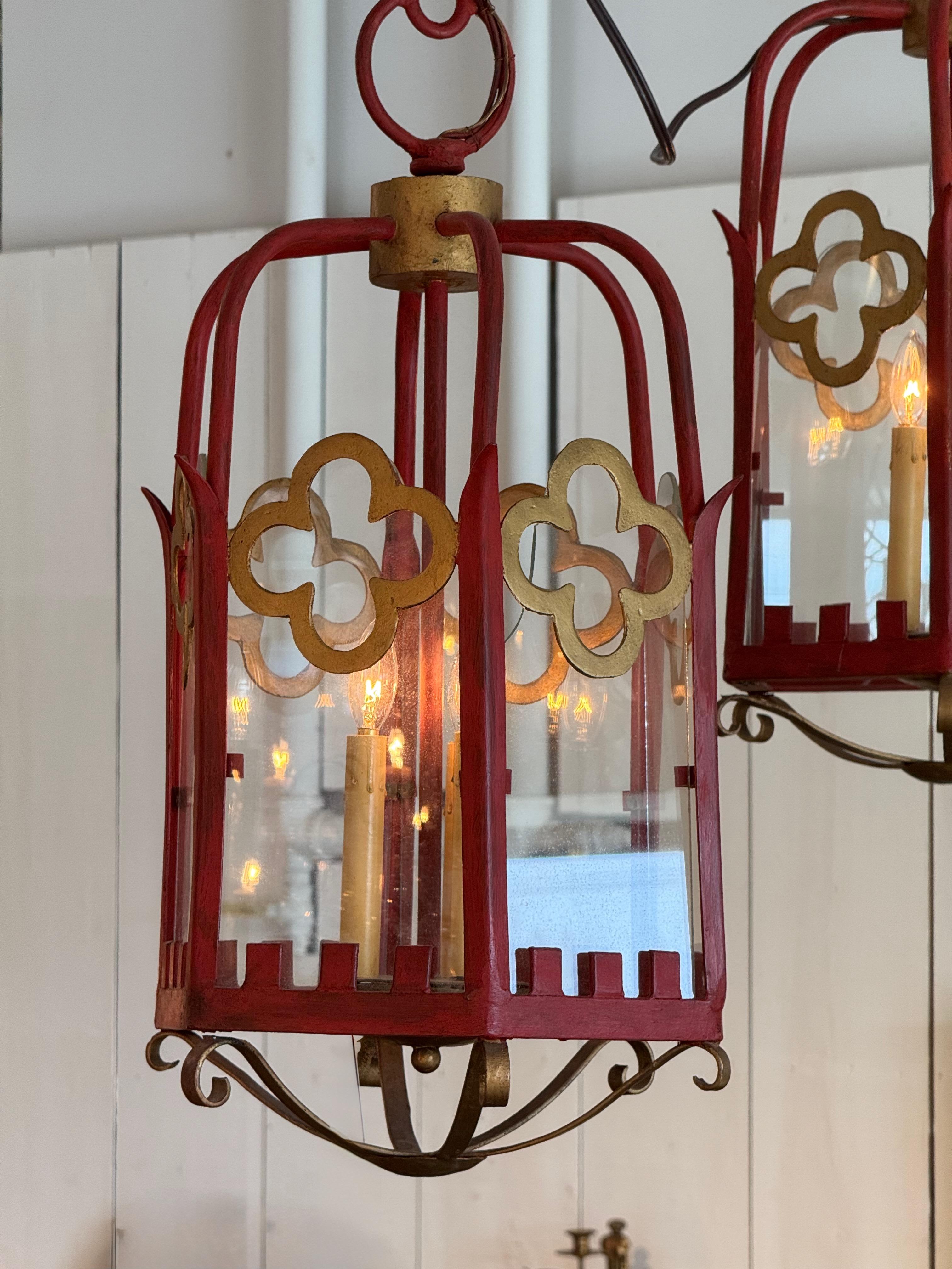 Mid-20th Century Pair of 1950s Red Metal Lanterns For Sale