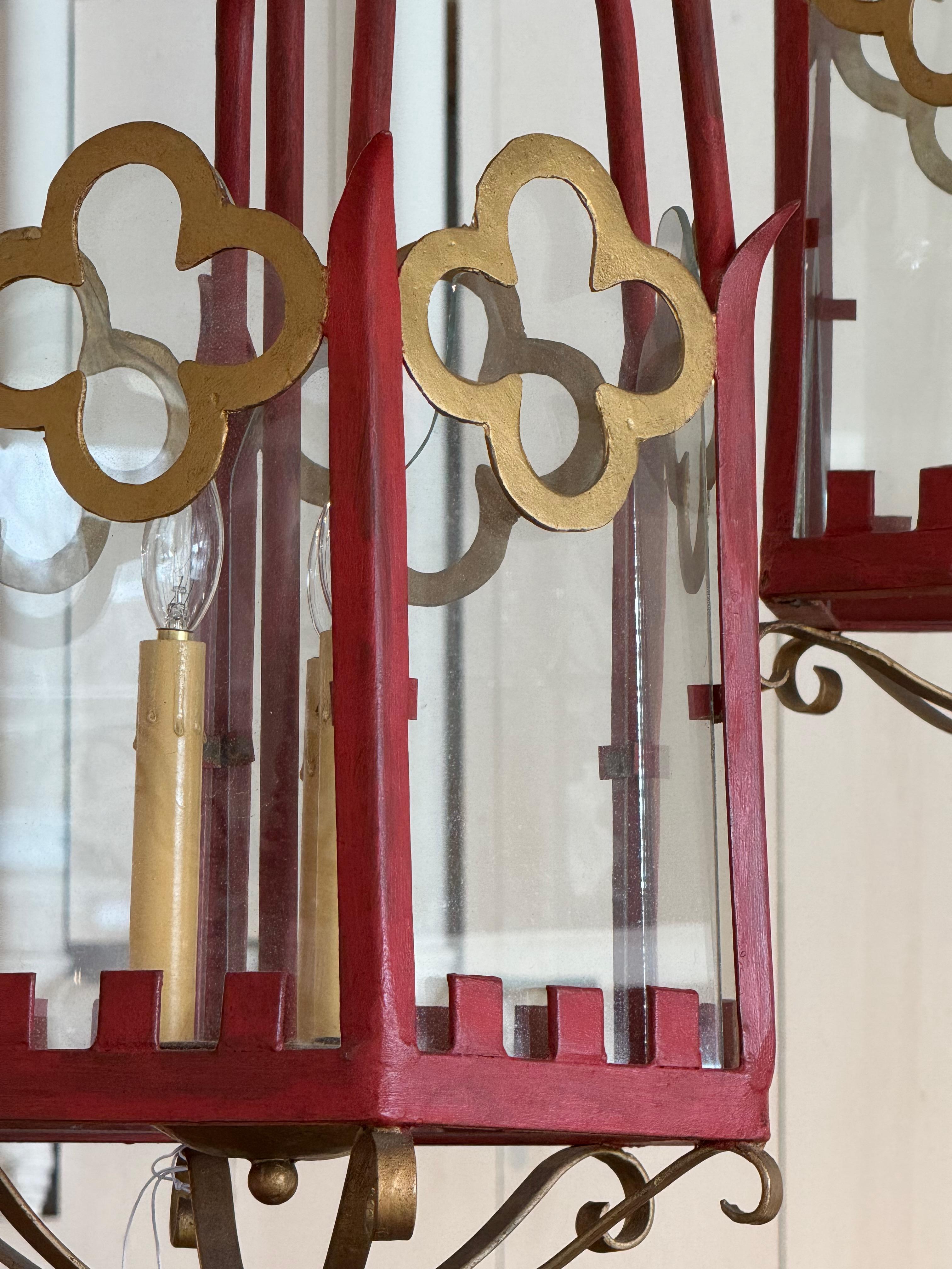 Pair of 1950s Red Metal Lanterns For Sale 1
