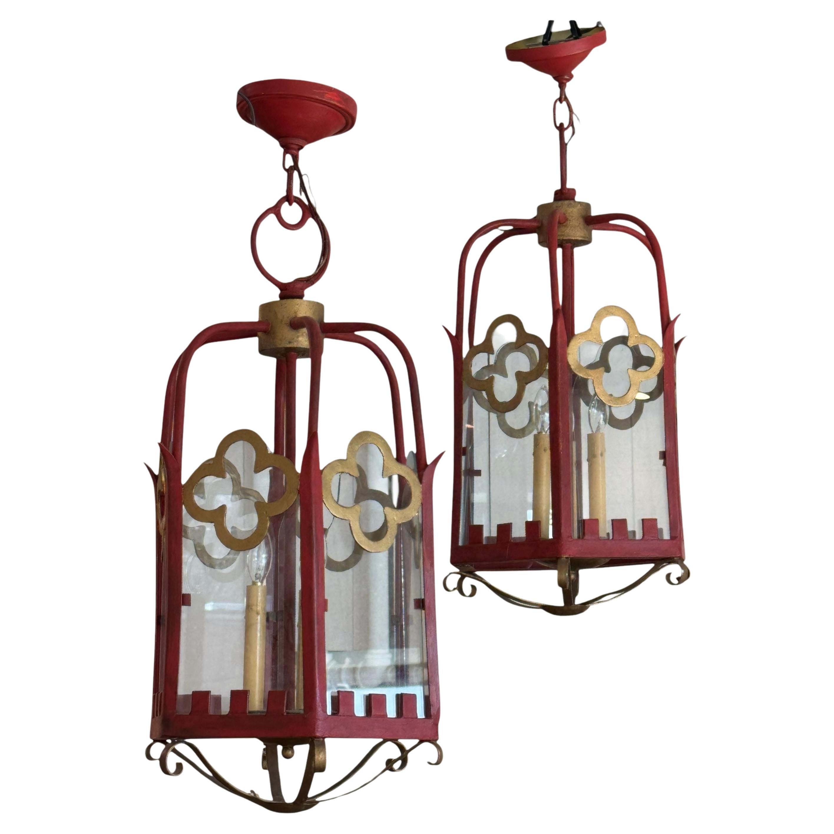 Pair of 1950s Red Metal Lanterns For Sale