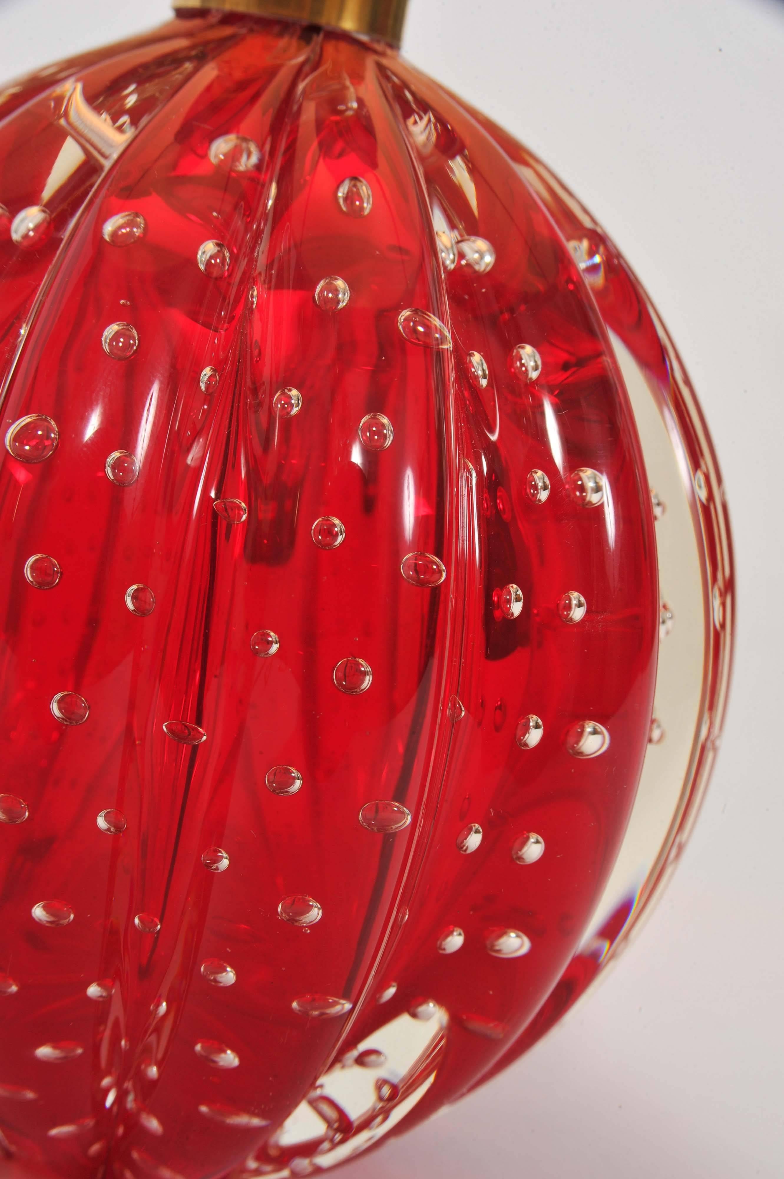 Murano Glass Pair of 1950s Italian Red Murano Ball Lamps