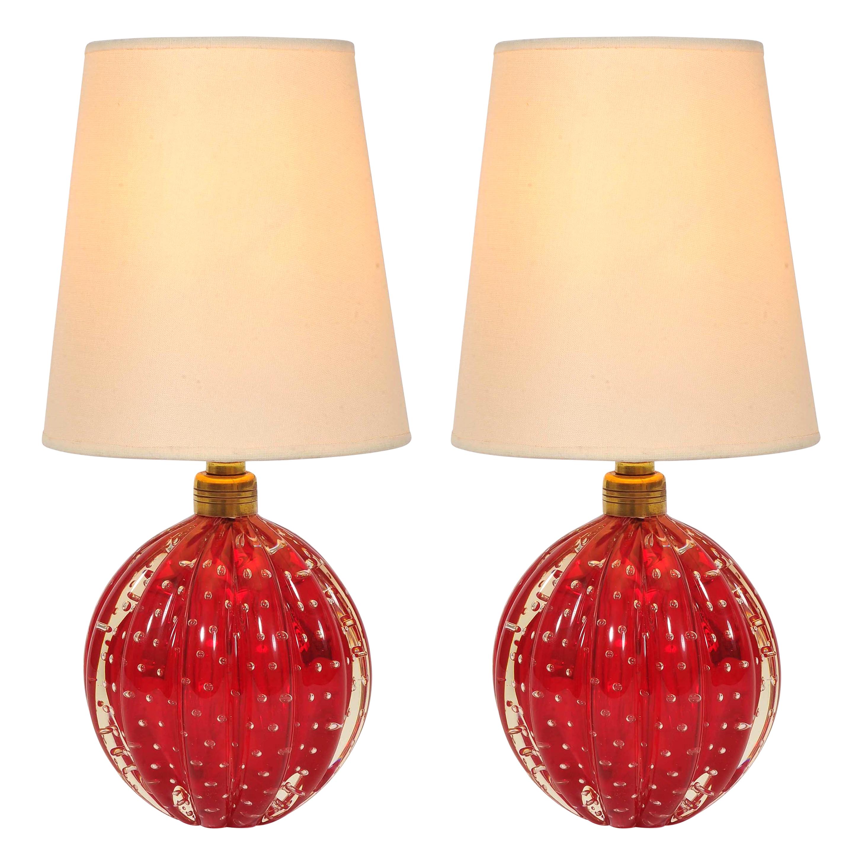 Pair of 1950s Italian Red Murano Ball Lamps