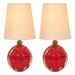 Pair of 1950s Italian Red Murano Ball Lamps